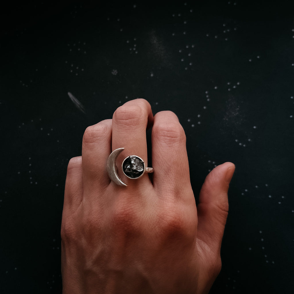 Crescent Moon Wrap Ring with Authentic Meteorite | Ring | Wiccan Center