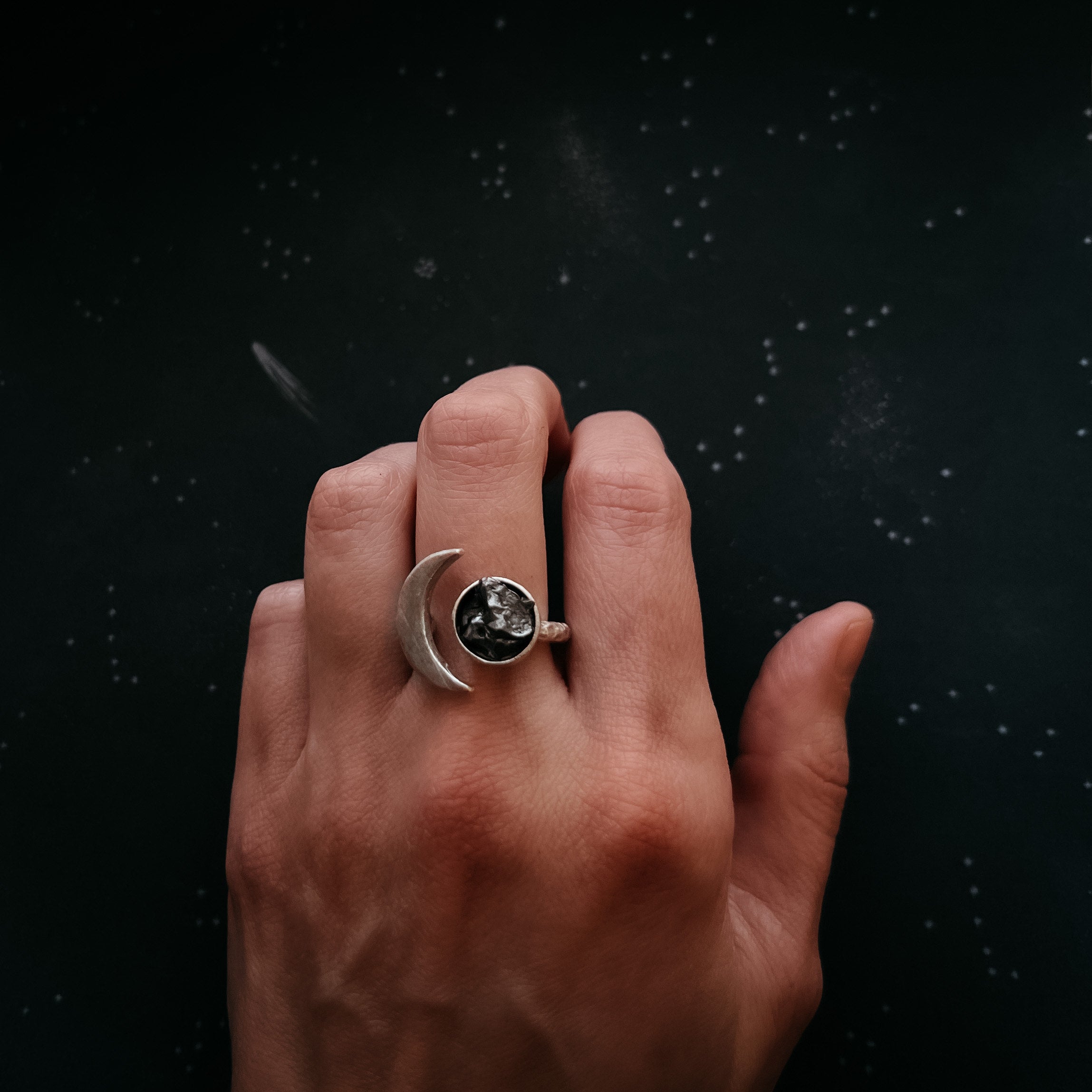 Crescent Moon Wrap Ring with Authentic Meteorite | Ring | Wiccan Center