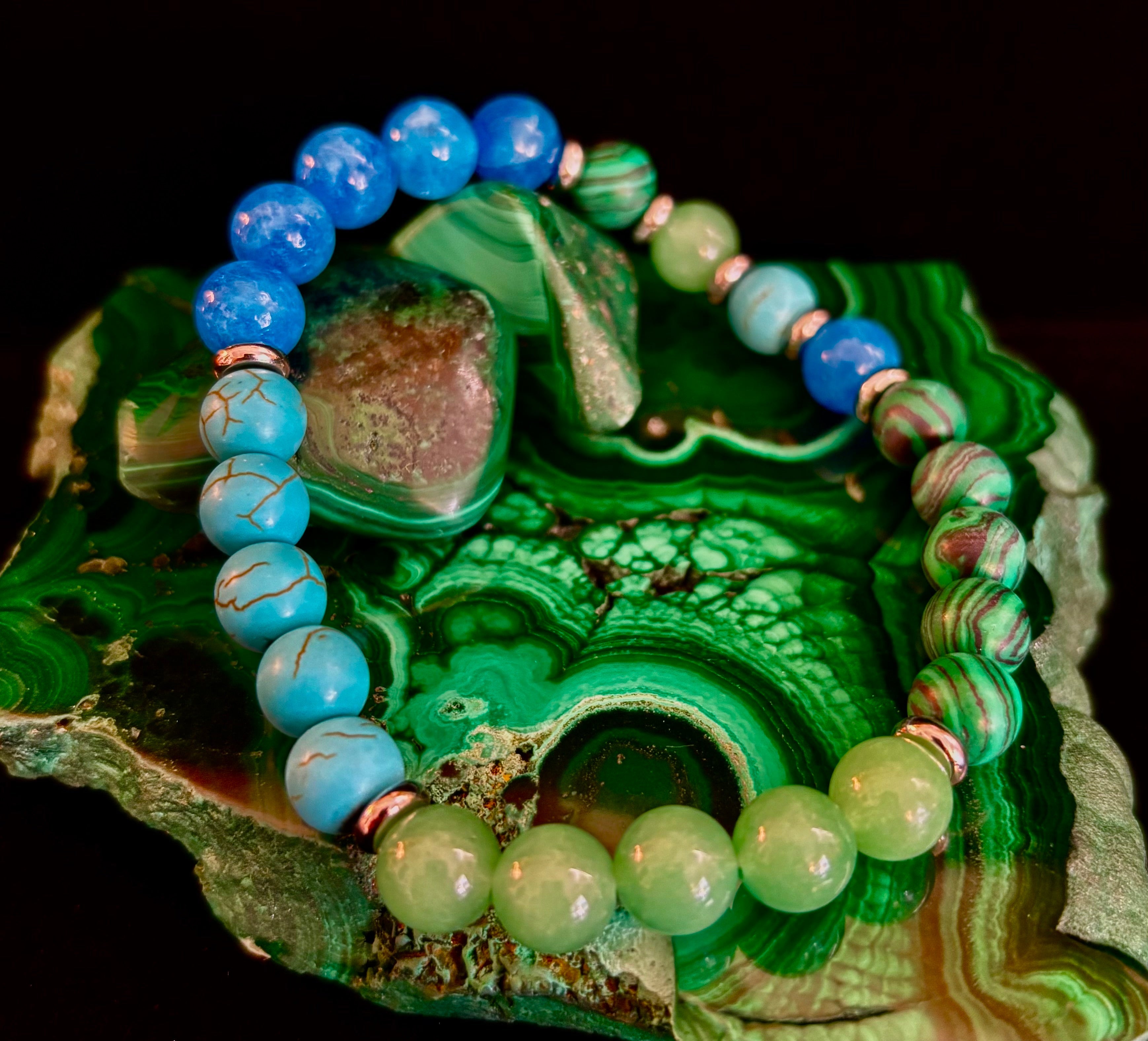 Anxiety Relief Healing Bracelet – Fits Large Wrists (Malachite, Green Aventurine, Turquoise, and Aquamarine) | | Wiccan Center