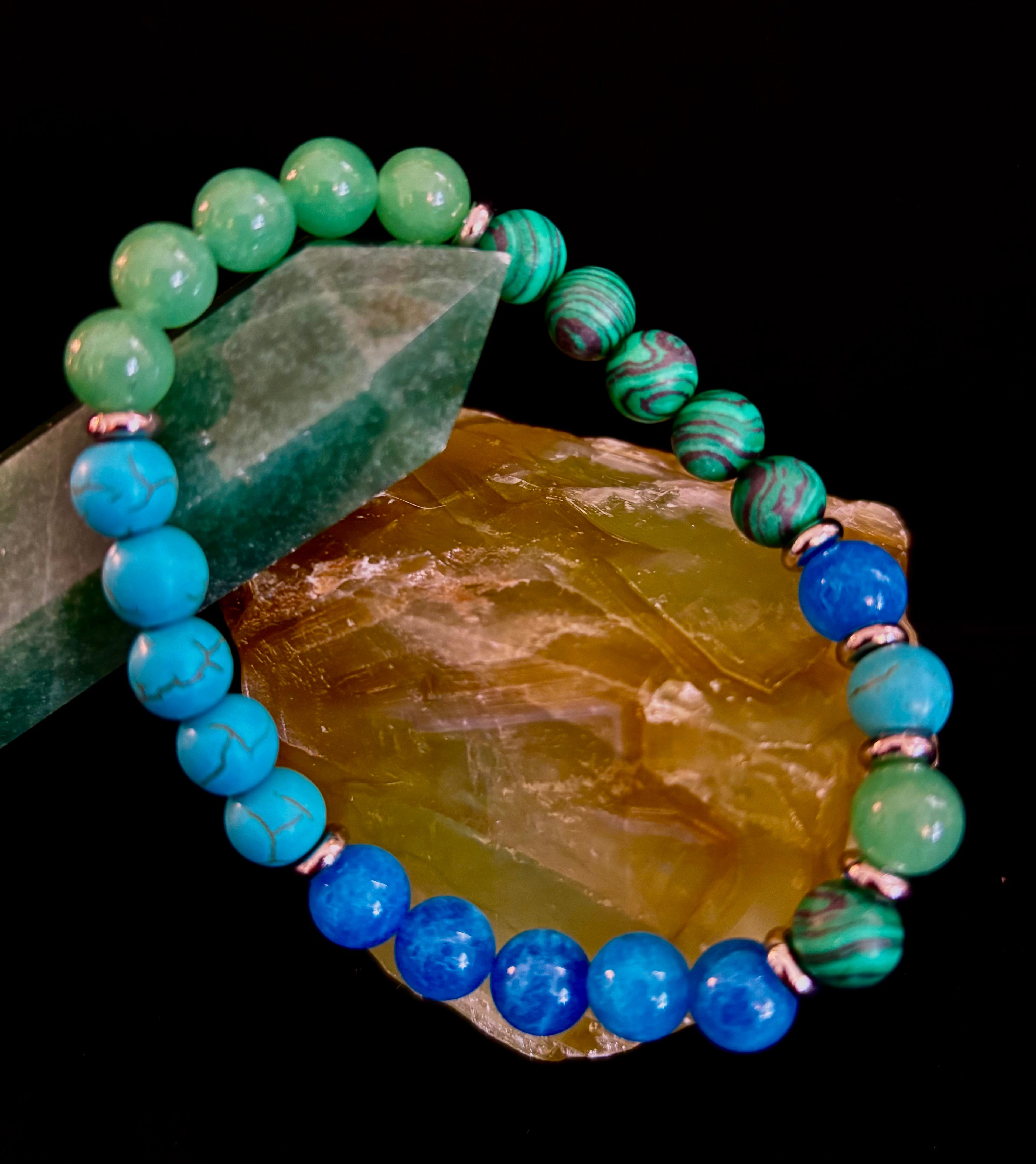 Anxiety Relief Healing Bracelet – Fits Large Wrists (Malachite, Green Aventurine, Turquoise, and Aquamarine) | | Wiccan Center