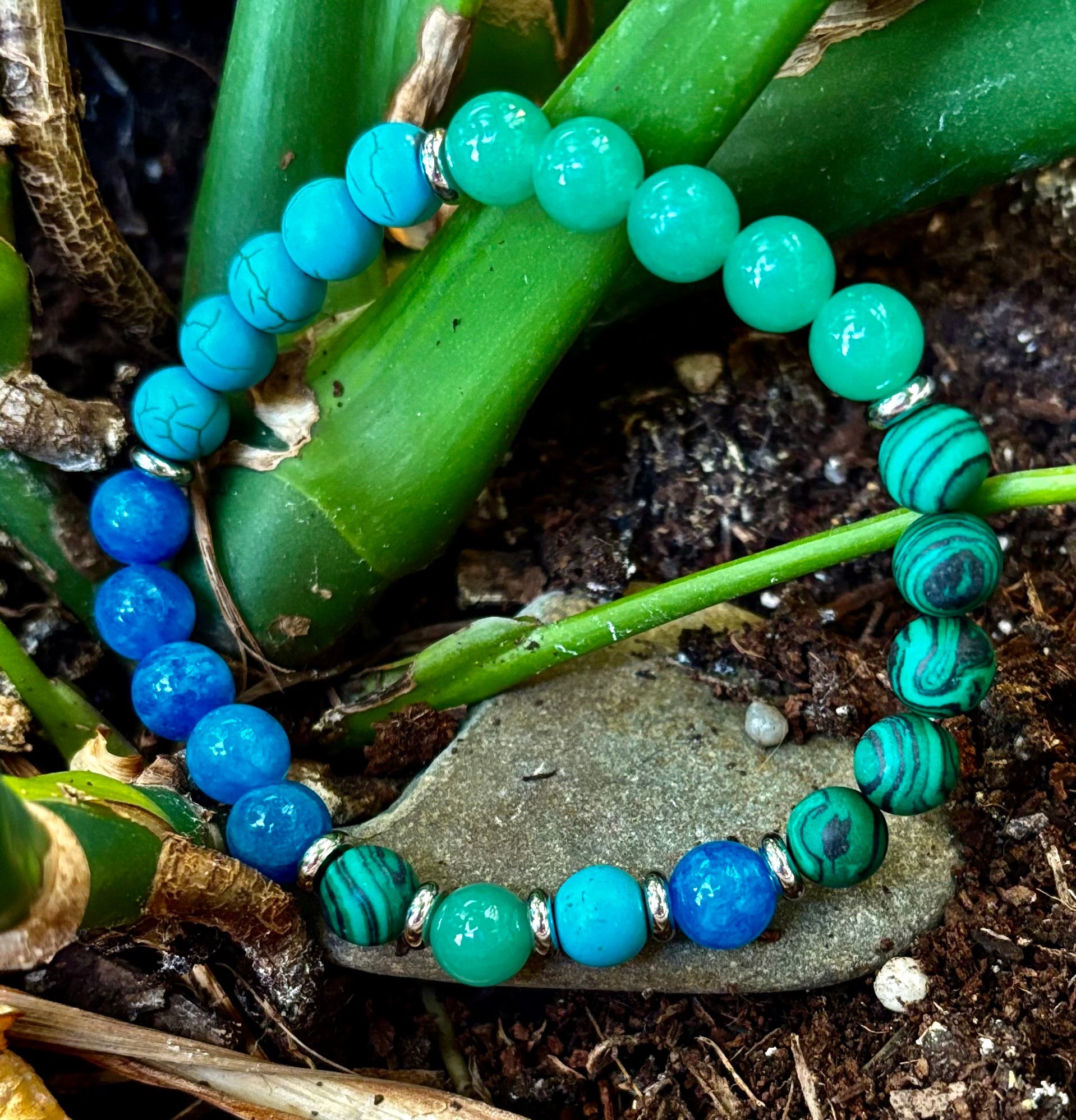 Anxiety Relief Healing Bracelet – Fits Large Wrists (Malachite, Green Aventurine, Turquoise, and Aquamarine) | | Wiccan Center