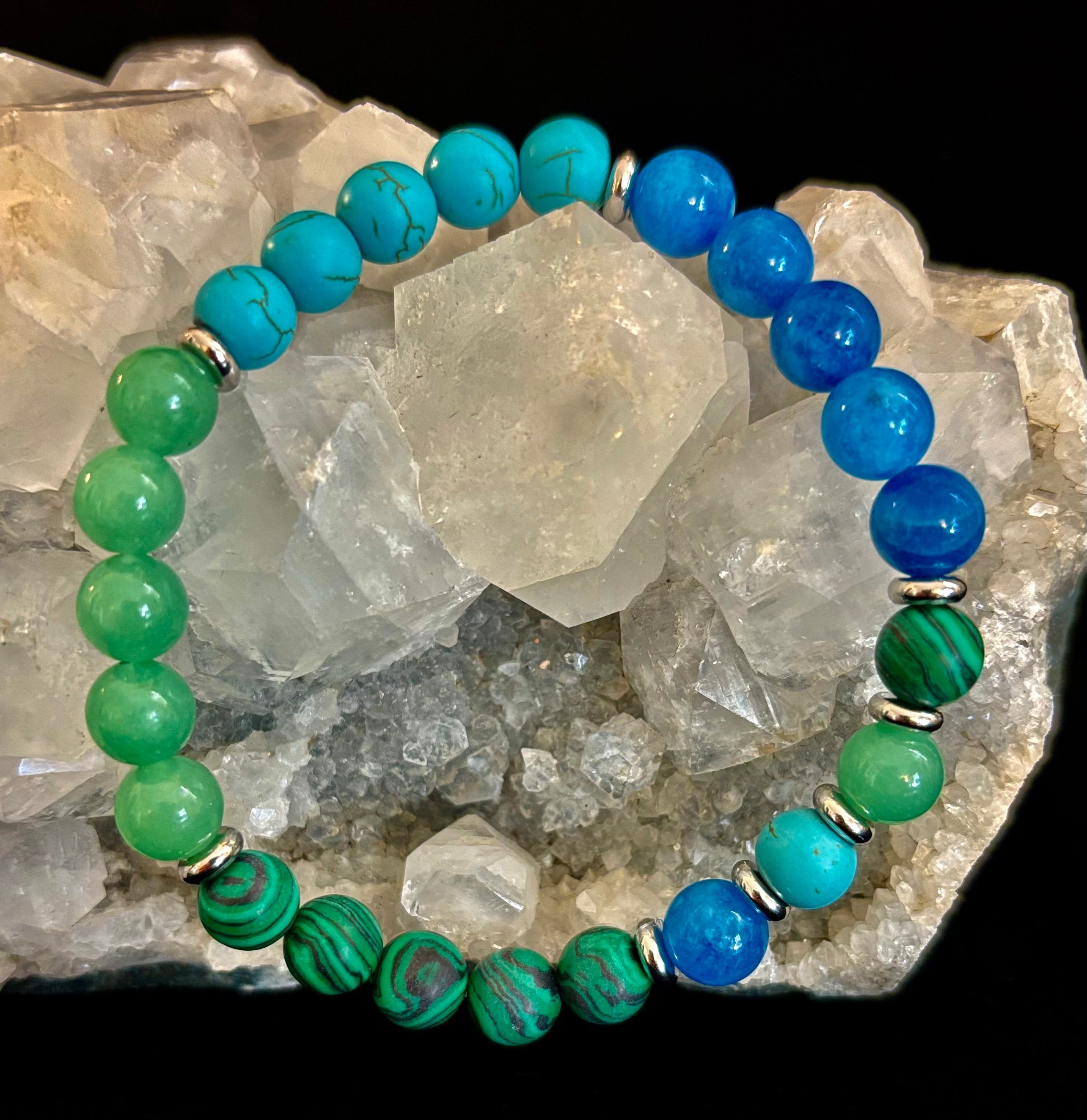 Anxiety Relief Healing Bracelet – Fits Large Wrists (Malachite, Green Aventurine, Turquoise, and Aquamarine) | | Wiccan Center