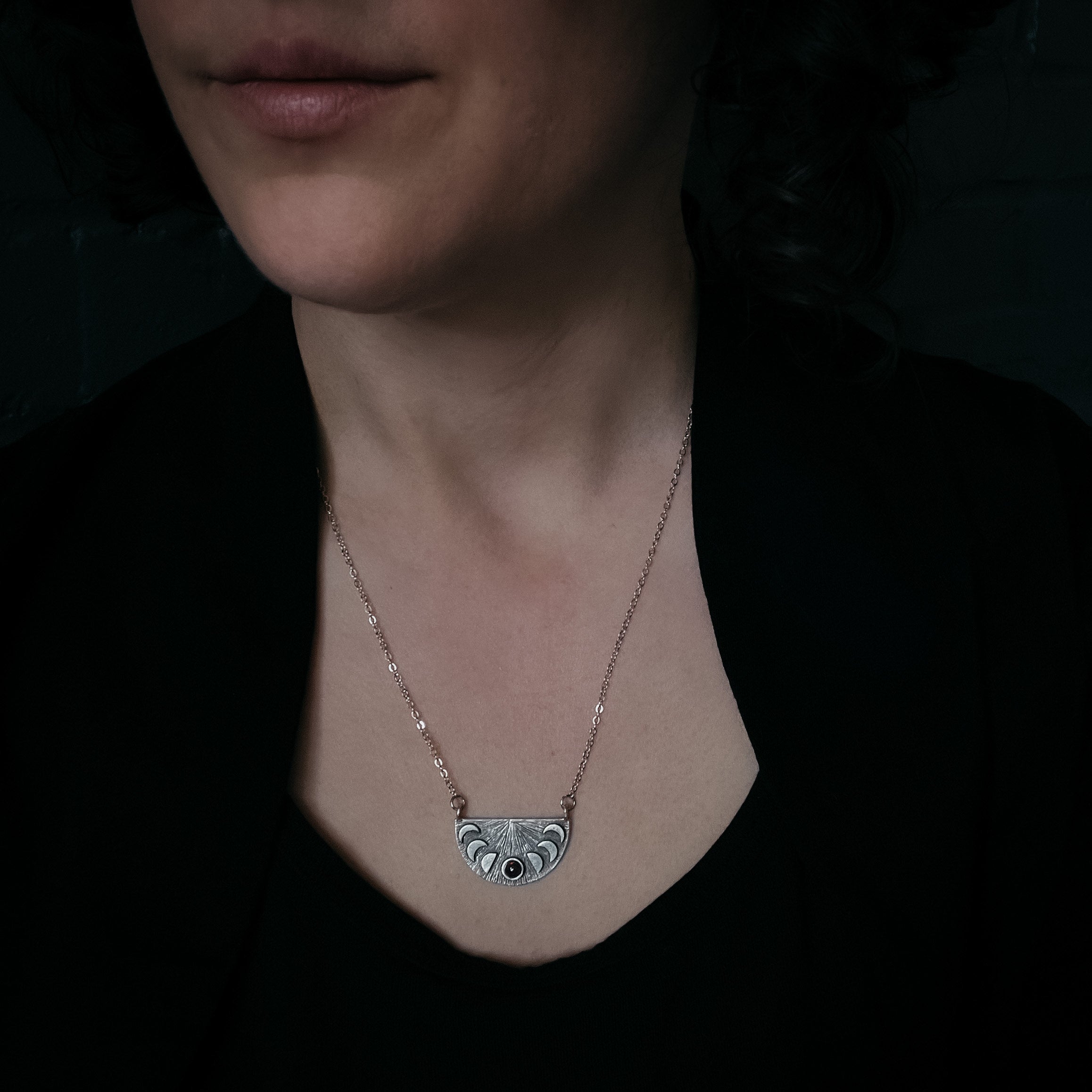 Lunar Eclipse Half Circle Pendant Necklace with Moon Phases and Black Opal | Necklace | Wiccan Center