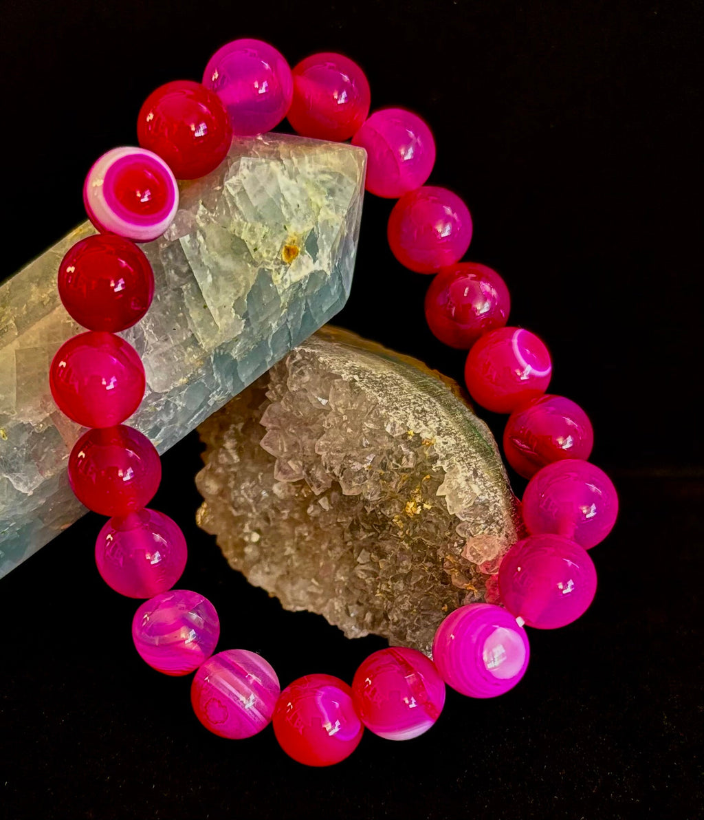 Rose Red Striped Agate Beaded Bracelet – 10mm Natural Stone for Large Wrists | | Wiccan Center