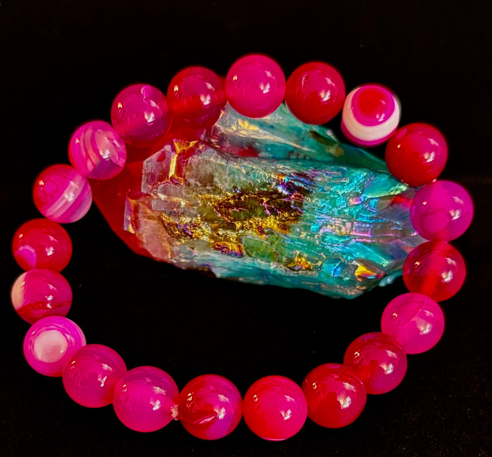 Rose Red Striped Agate Beaded Bracelet – 10mm Natural Stone for Large Wrists | | Wiccan Center