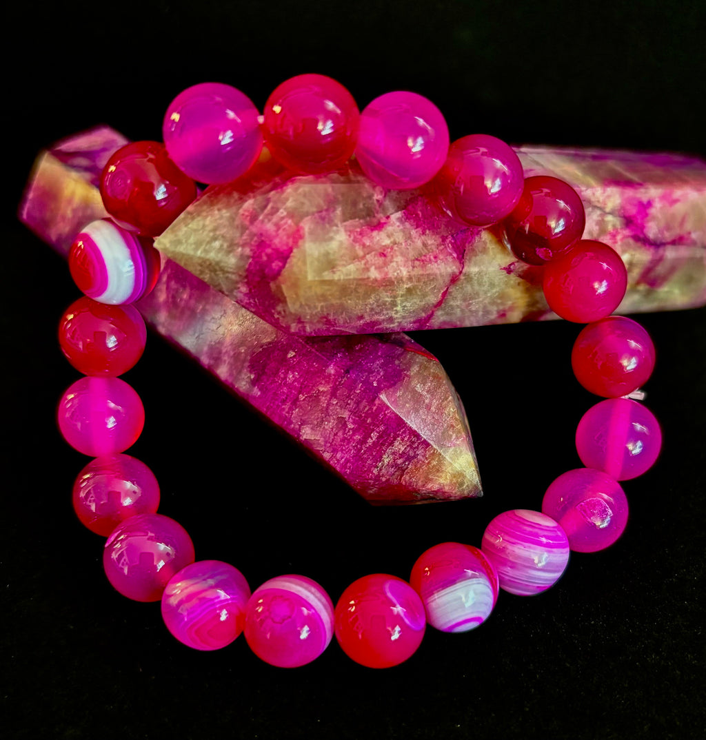 Rose Red Striped Agate Beaded Bracelet – 10mm Natural Stone for Large Wrists | | Wiccan Center