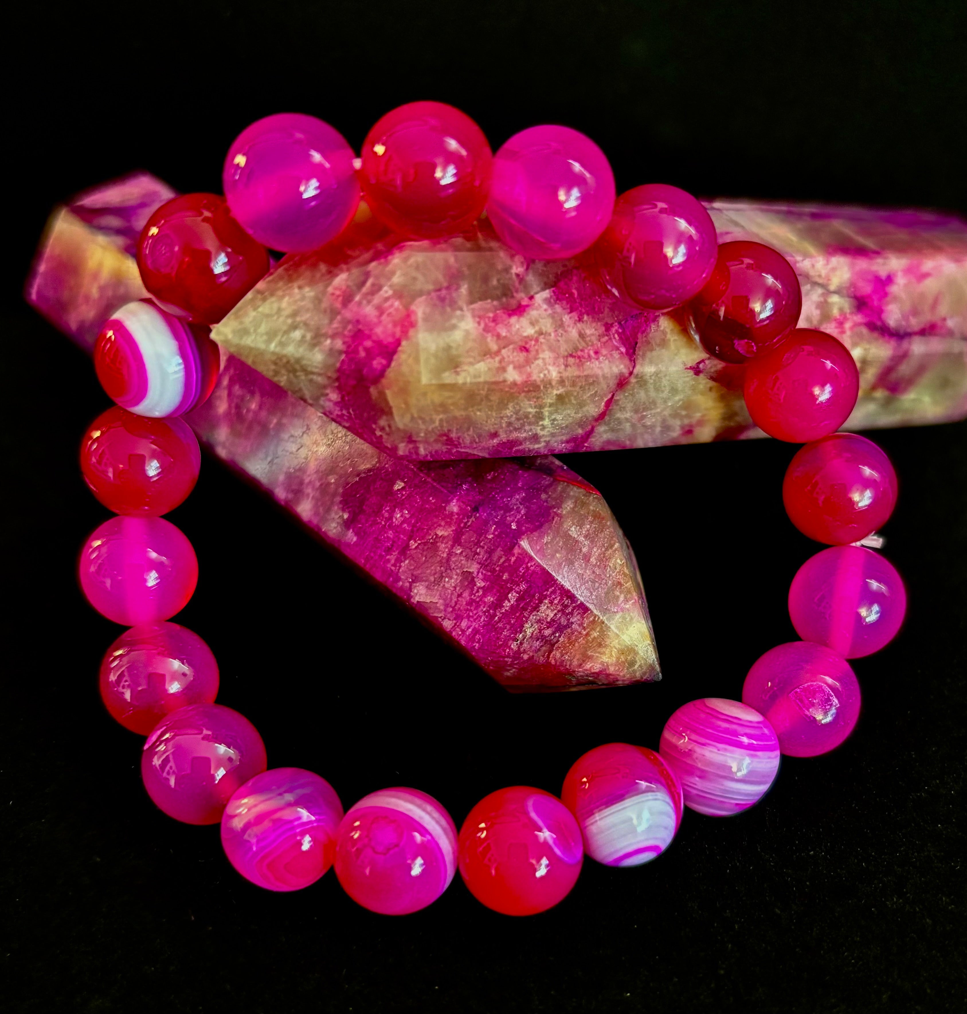 Rose Red Striped Agate Beaded Bracelet – 10mm Natural Stone for Large Wrists | | Wiccan Center