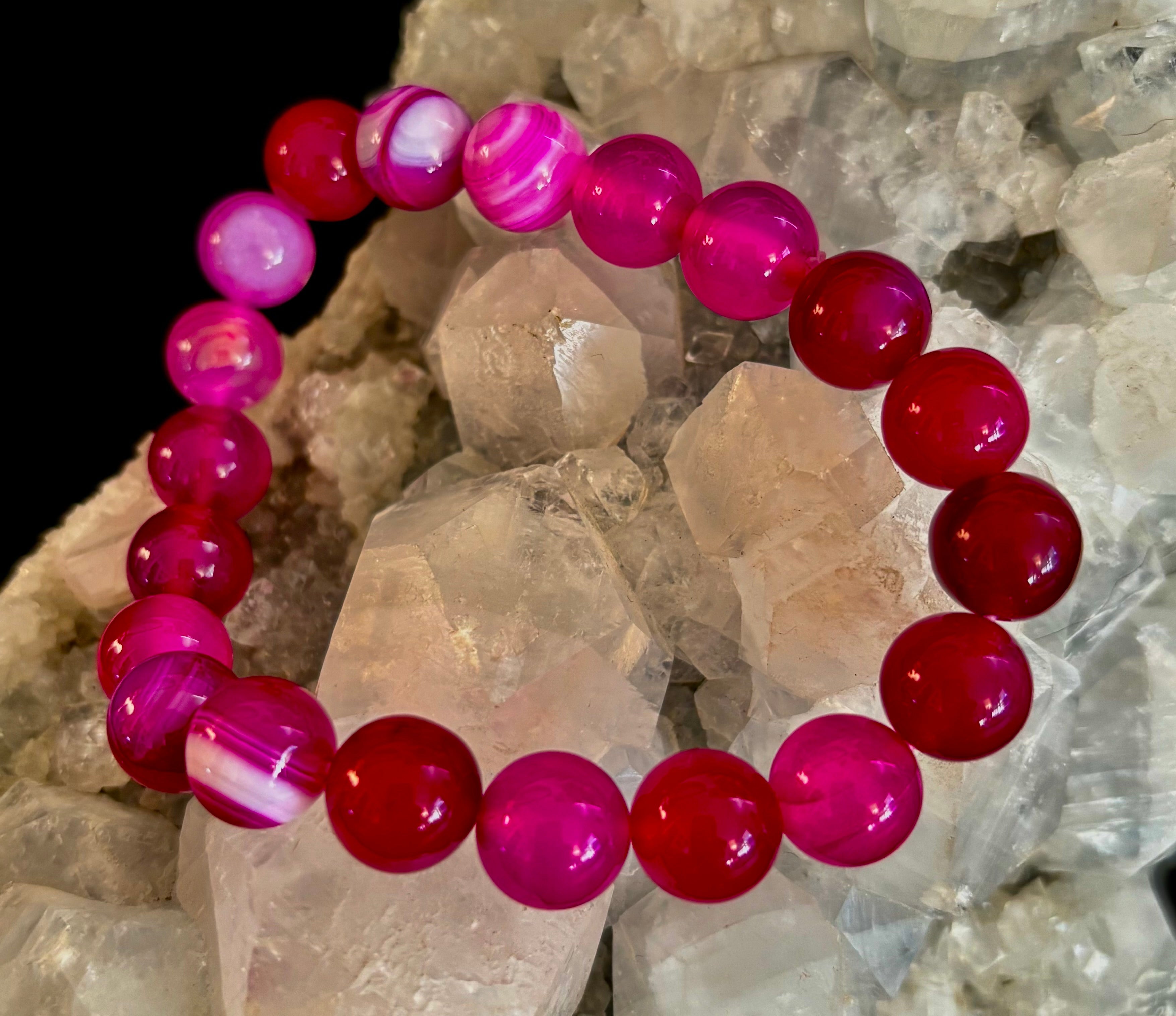 Rose Red Striped Agate Beaded Bracelet – 10mm Natural Stone for Large Wrists | | Wiccan Center
