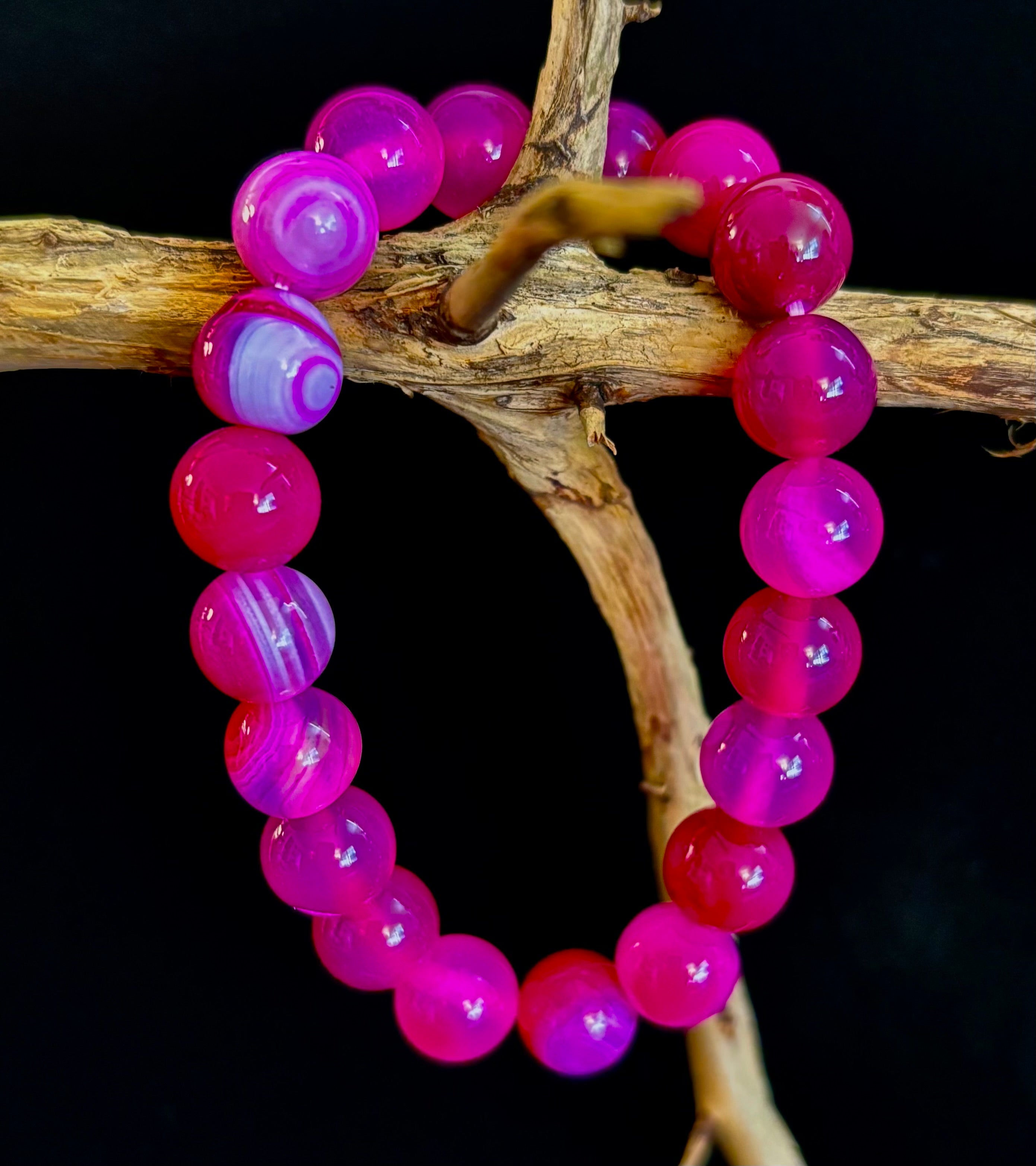Rose Red Striped Agate Beaded Bracelet – 10mm Natural Stone for Large Wrists | | Wiccan Center