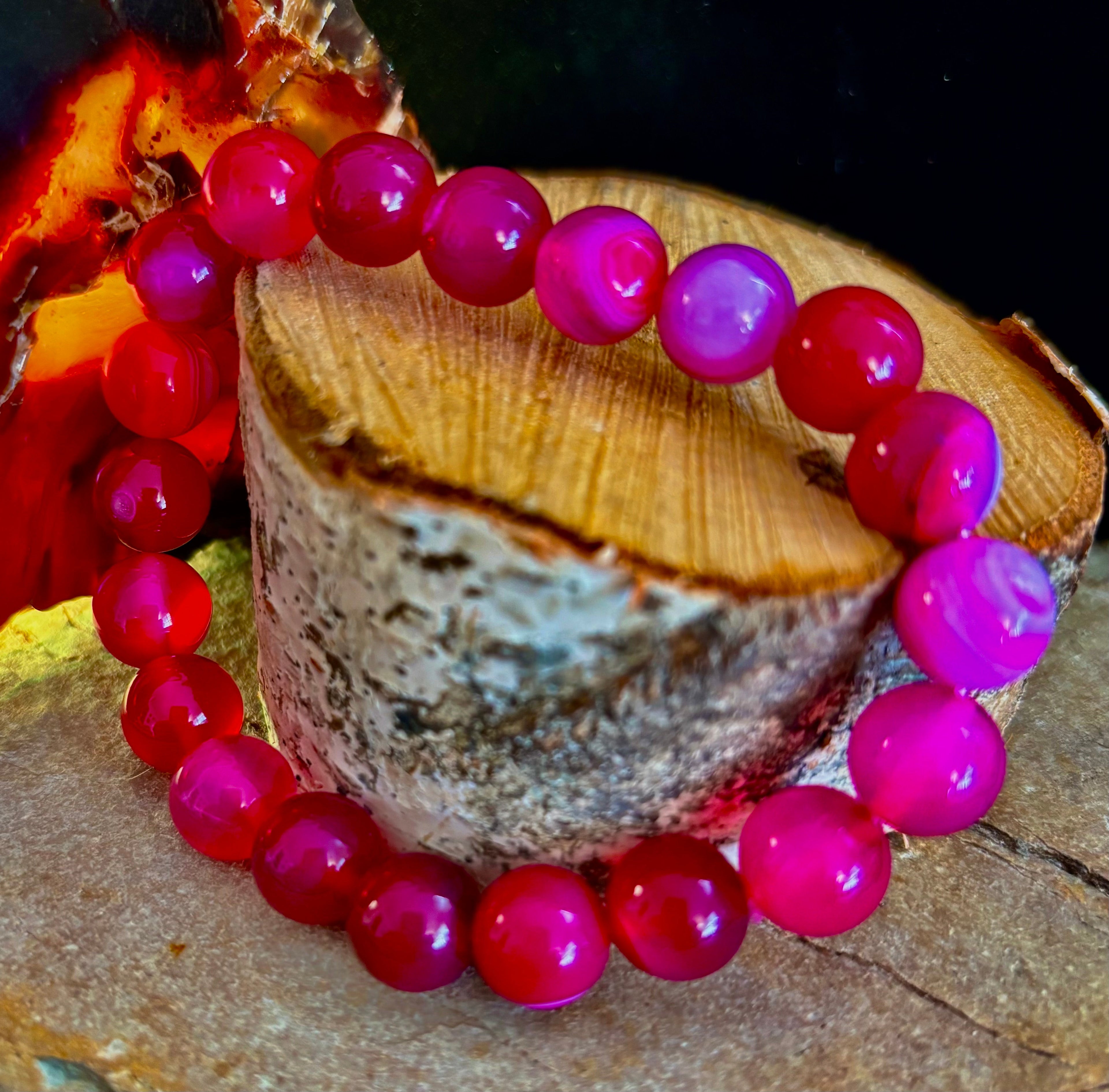 Rose Red Striped Agate Beaded Bracelet – 10mm Natural Stone for Large Wrists | | Wiccan Center
