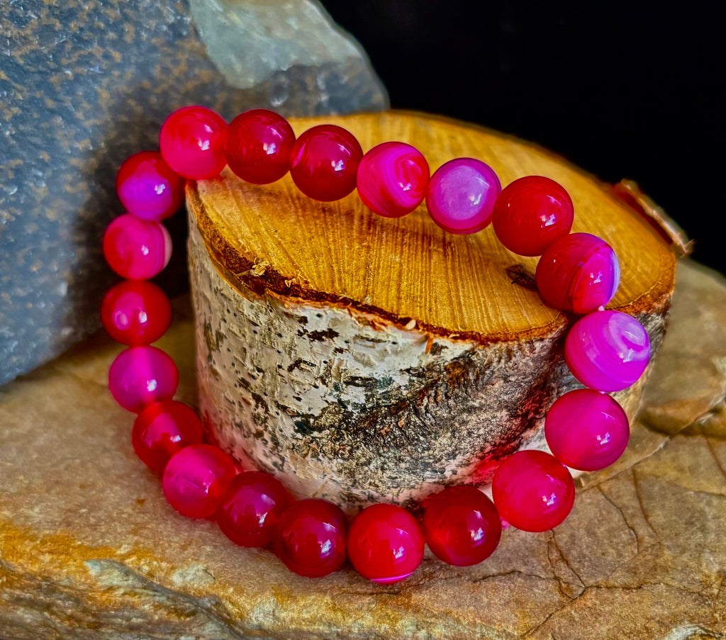 Rose Red Striped Agate Beaded Bracelet – 10mm Natural Stone for Large Wrists | | Wiccan Center