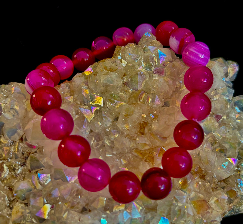 Rose Red Striped Agate Beaded Bracelet – 10mm Natural Stone for Large Wrists | | Wiccan Center