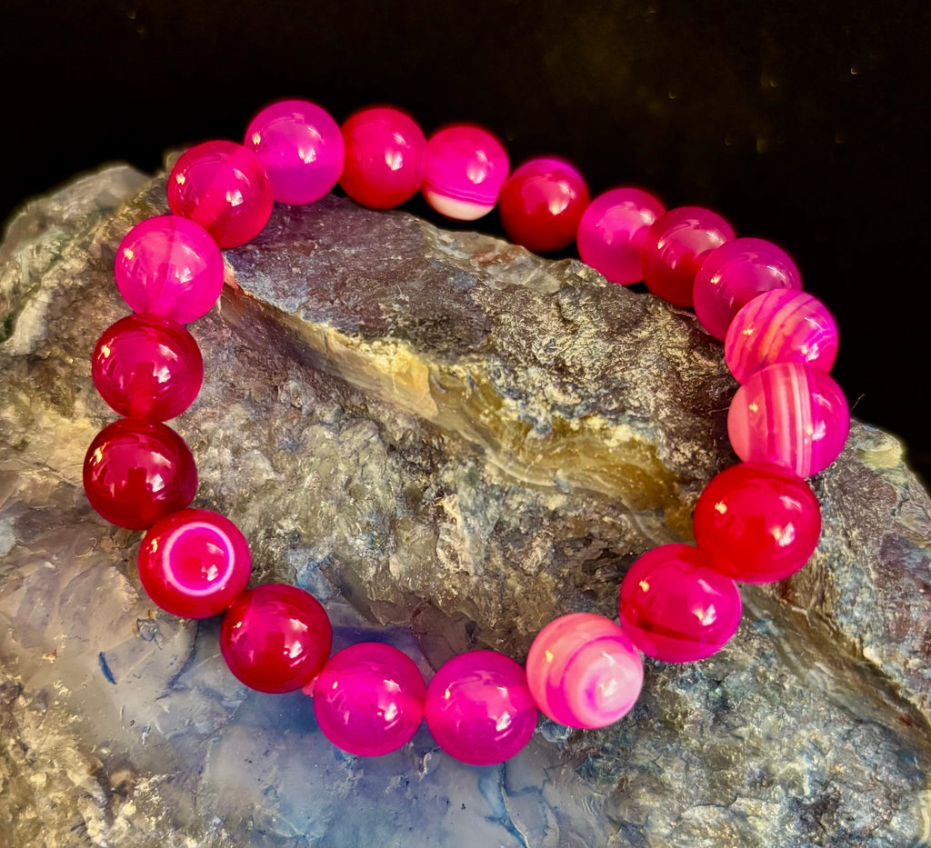 Rose Red Striped Agate Beaded Bracelet – 10mm Natural Stone for Large Wrists | | Wiccan Center