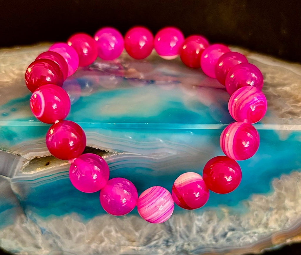 Rose Red Striped Agate Beaded Bracelet – 10mm Natural Stone for Large Wrists | | Wiccan Center