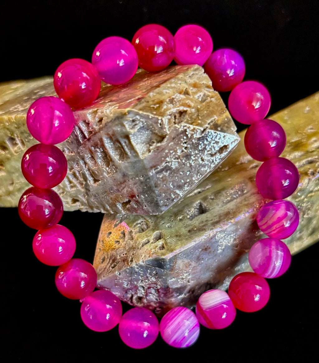 Rose Red Striped Agate Beaded Bracelet – 10mm Natural Stone for Large Wrists | | Wiccan Center