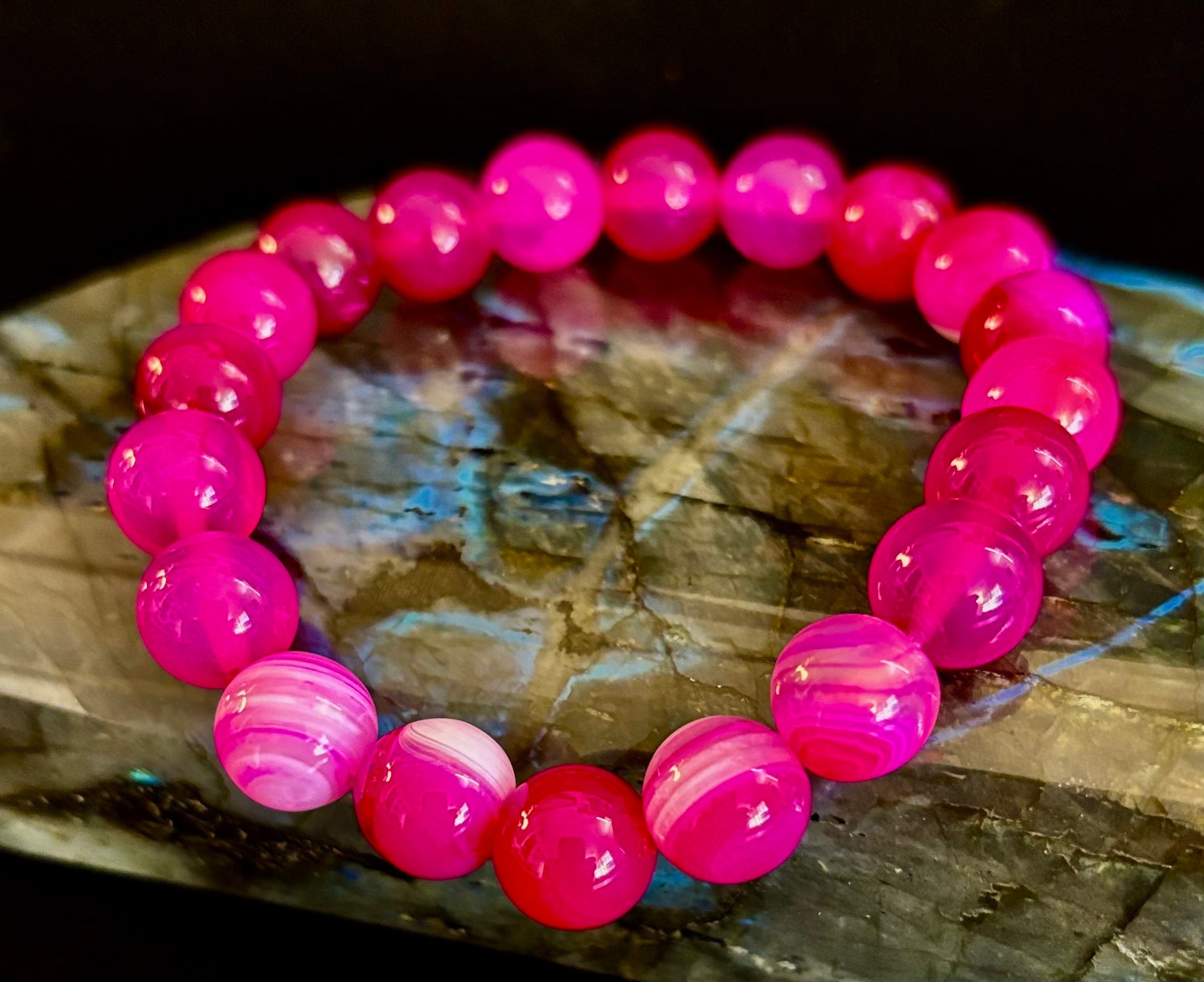 Rose Red Striped Agate Beaded Bracelet – 10mm Natural Stone for Large Wrists | | Wiccan Center
