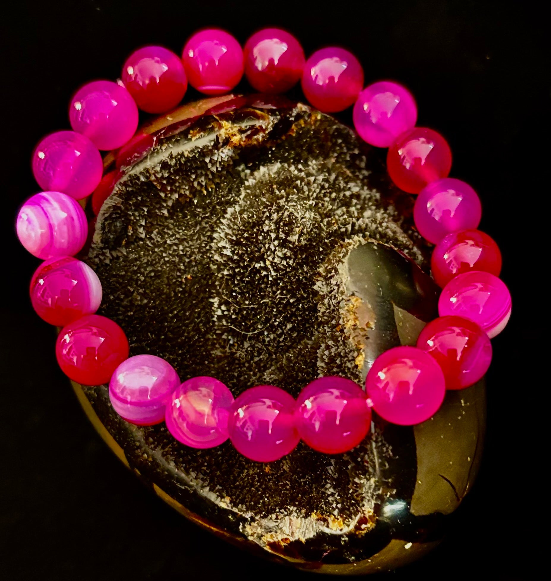 Rose Red Striped Agate Beaded Bracelet – 10mm Natural Stone for Large Wrists | | Wiccan Center