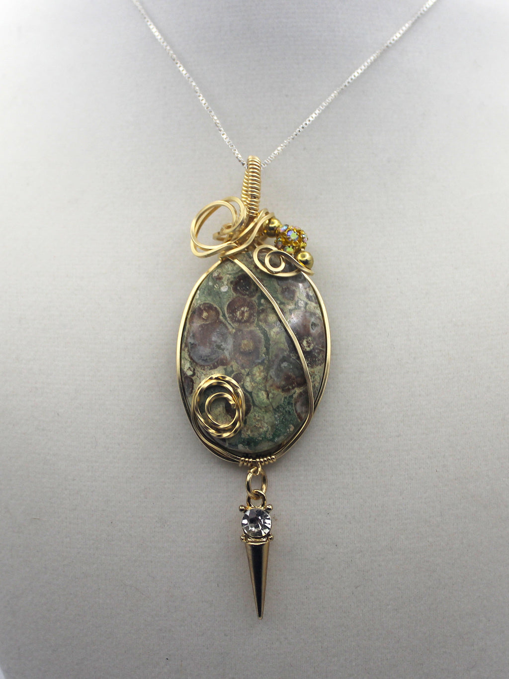 Gold Rainforest Rhyolite Pendant Necklace - 14k Gold-Filled Wire Wrapped with Crystal Accent | Necklace | Wiccan Center