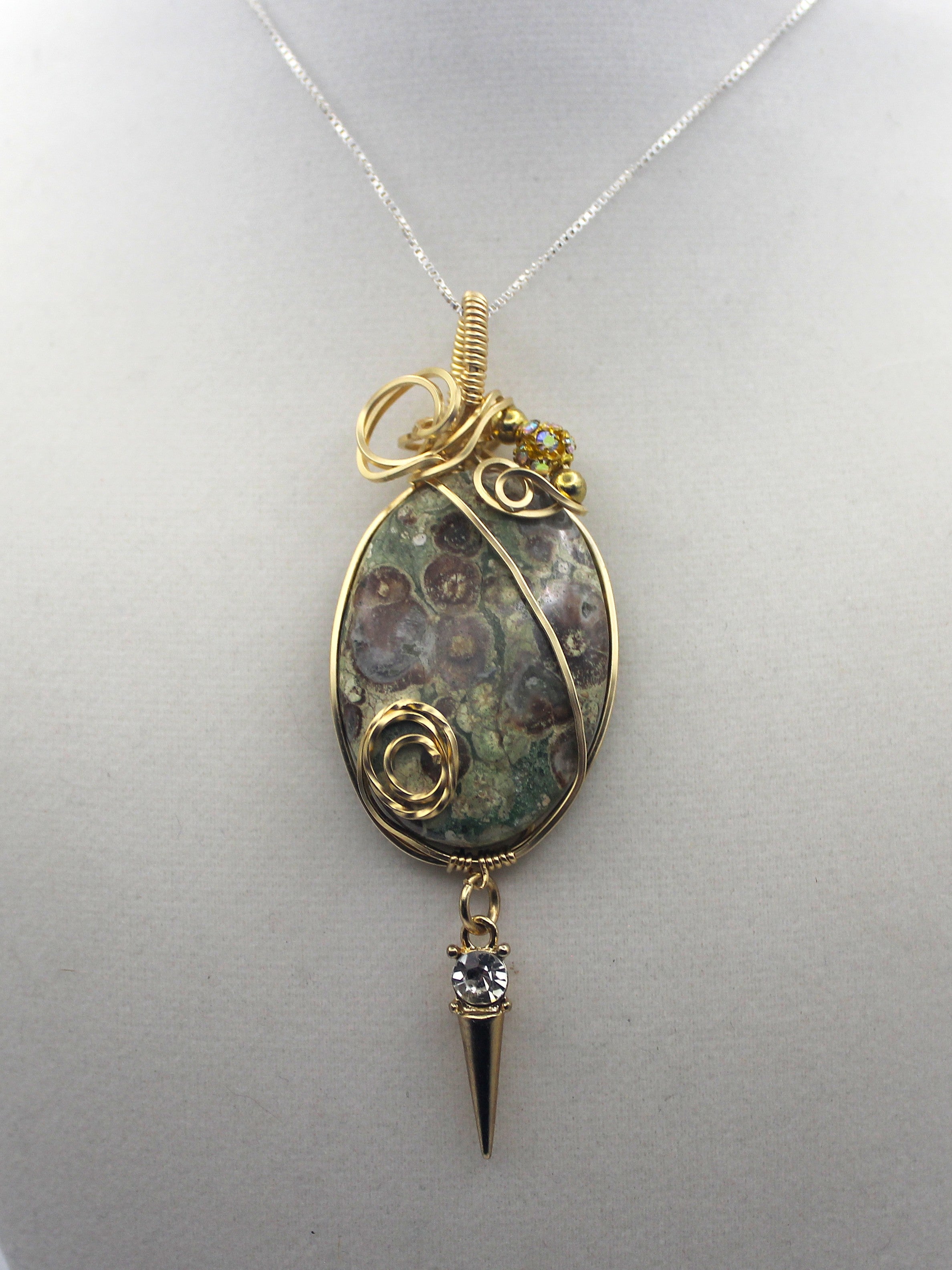 Gold Rainforest Rhyolite Pendant Necklace - 14k Gold-Filled Wire Wrapped with Crystal Accent | Necklace | Wiccan Center