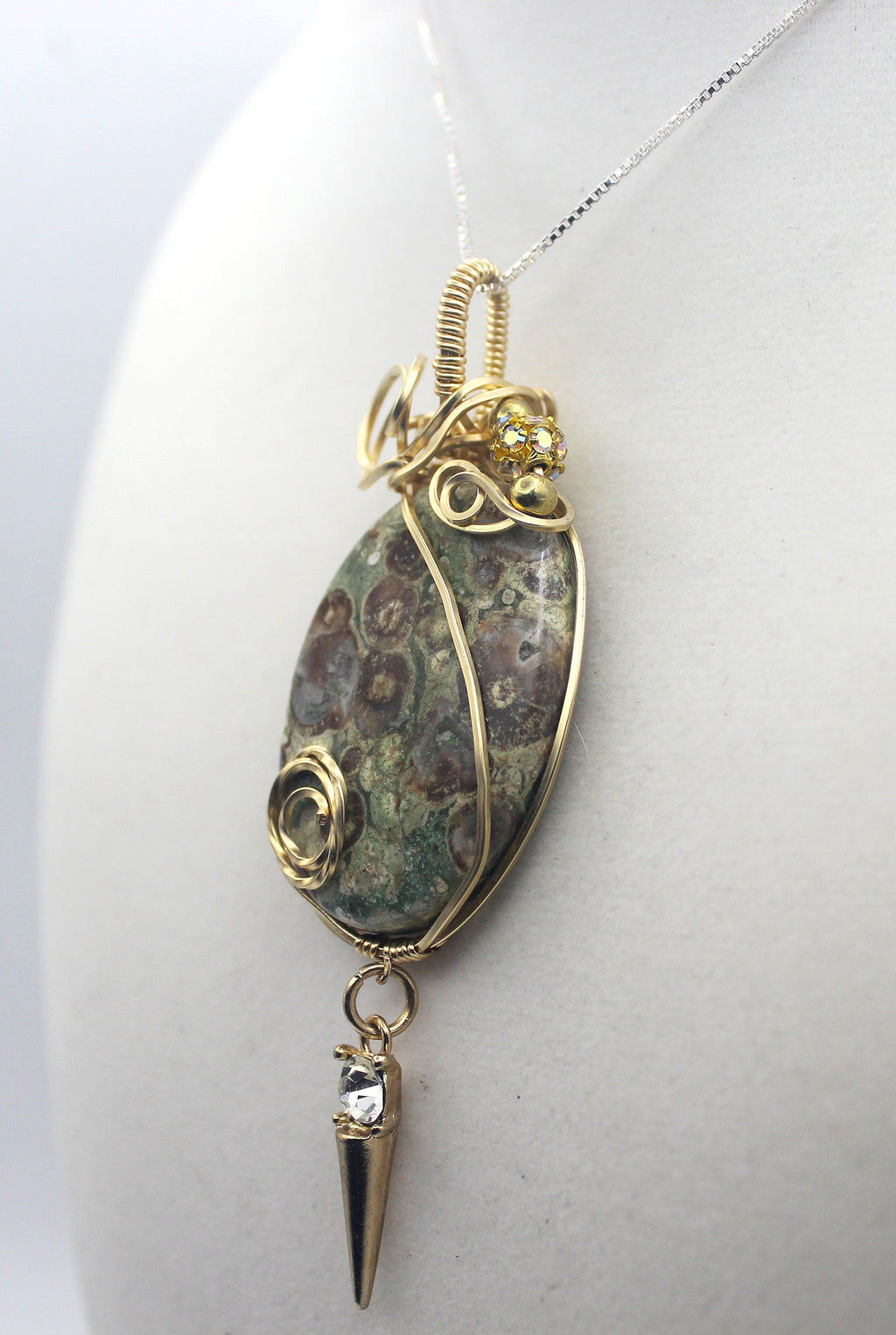 Gold Rainforest Rhyolite Pendant Necklace - 14k Gold-Filled Wire Wrapped with Crystal Accent | Necklace | Wiccan Center