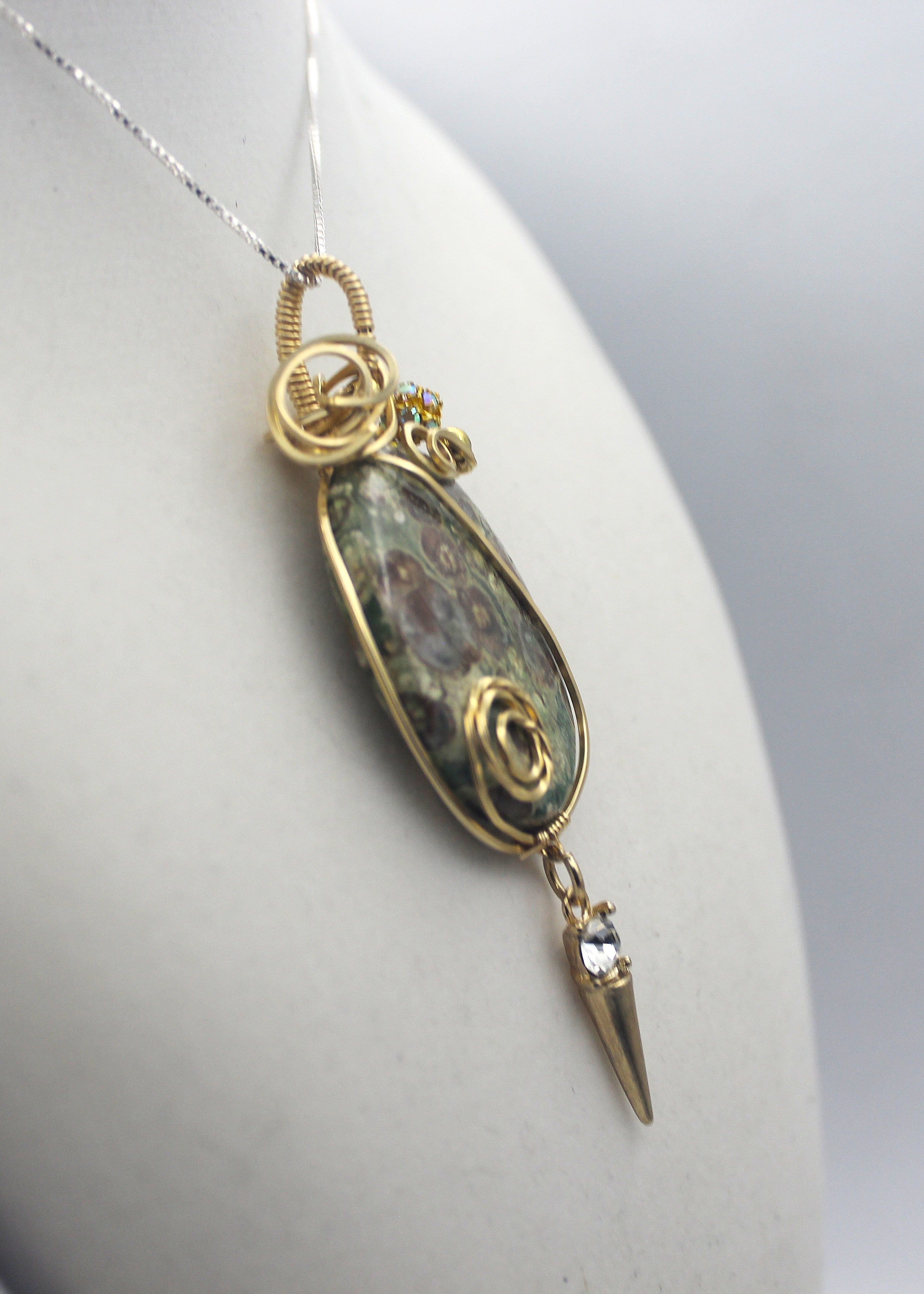 Gold Rainforest Rhyolite Pendant Necklace - 14k Gold-Filled Wire Wrapped with Crystal Accent | Necklace | Wiccan Center