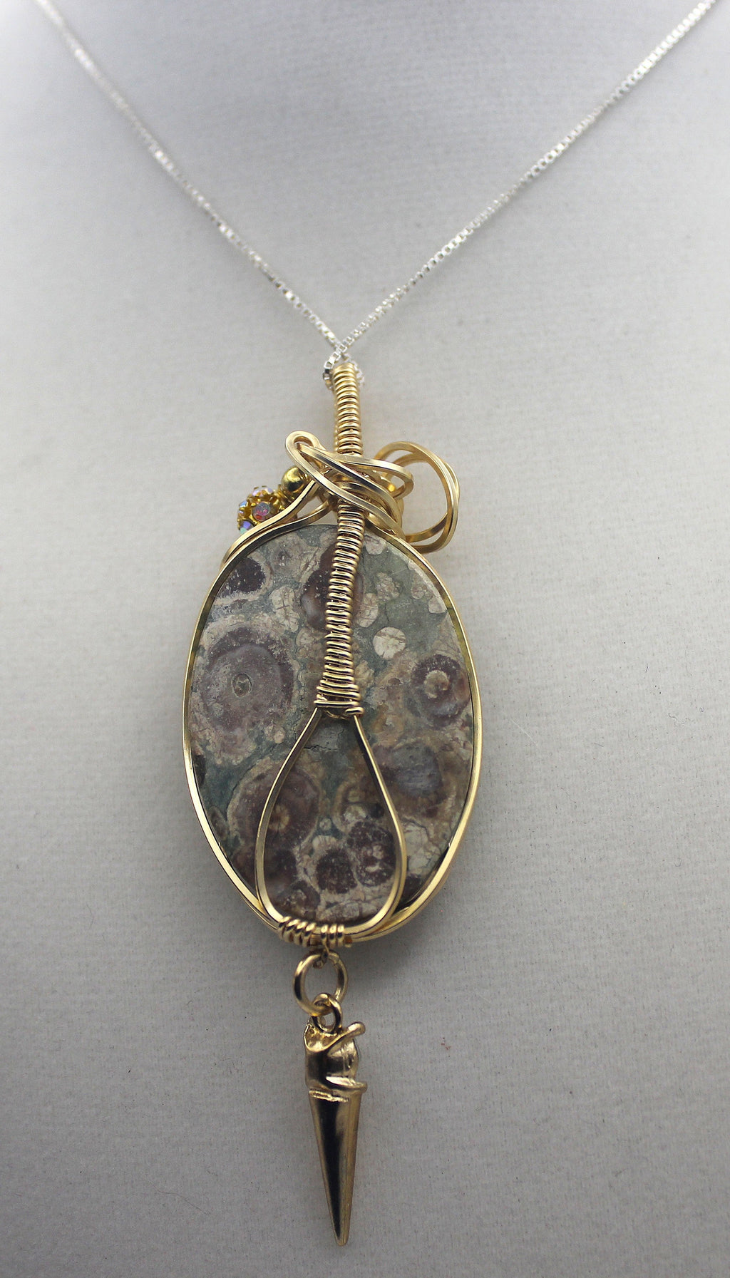 Gold Rainforest Rhyolite Pendant Necklace - 14k Gold-Filled Wire Wrapped with Crystal Accent | Necklace | Wiccan Center