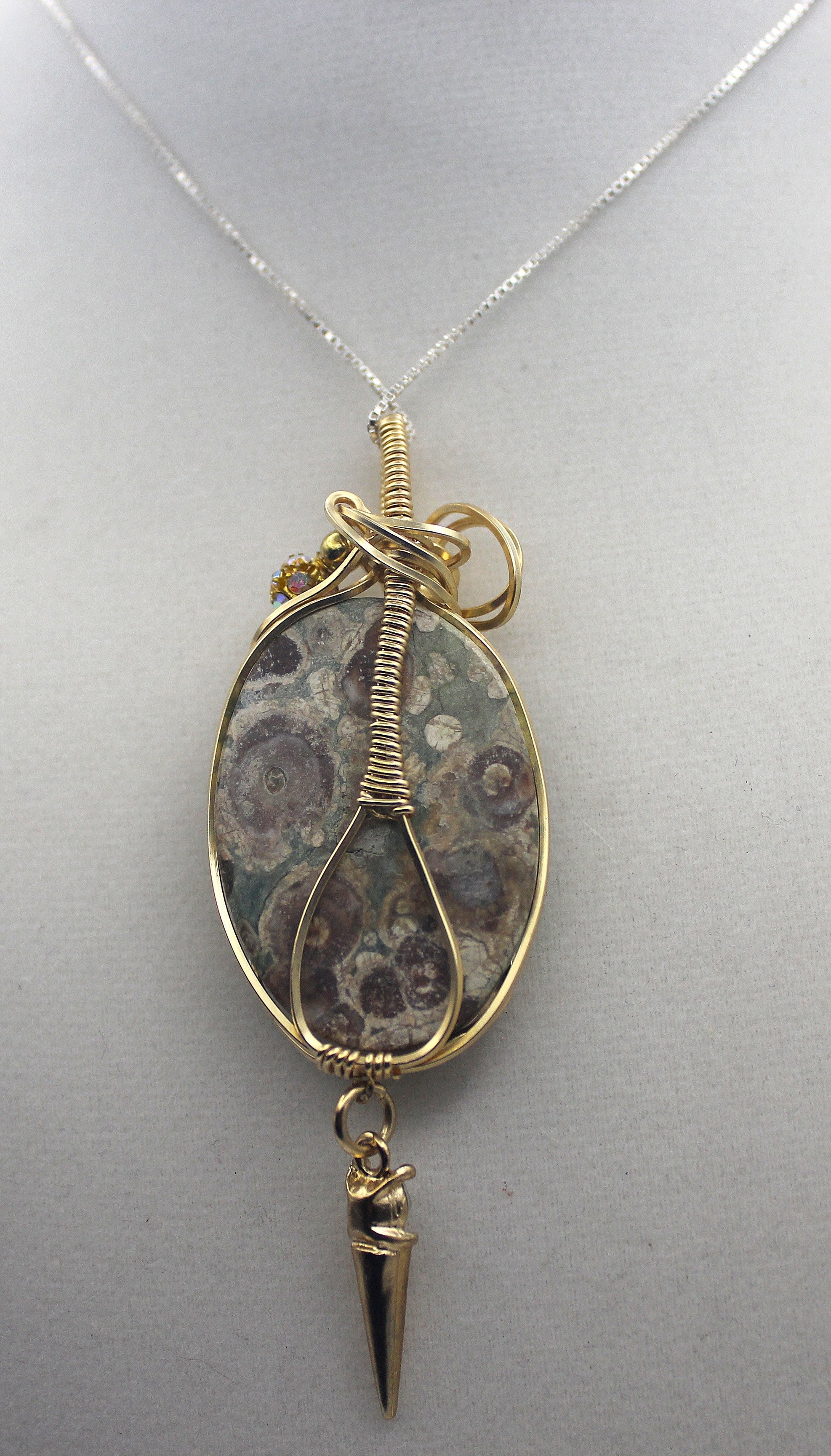 Gold Rainforest Rhyolite Pendant Necklace - 14k Gold-Filled Wire Wrapped with Crystal Accent | Necklace | Wiccan Center