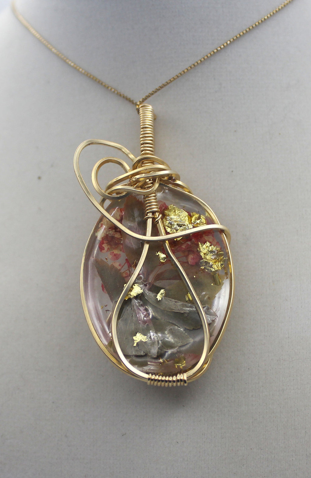 Gold Flower Resin Pendant Necklace – 14k Gold-Filled Wire Wrapped Botanical Jewelry | Necklace | Wiccan Center