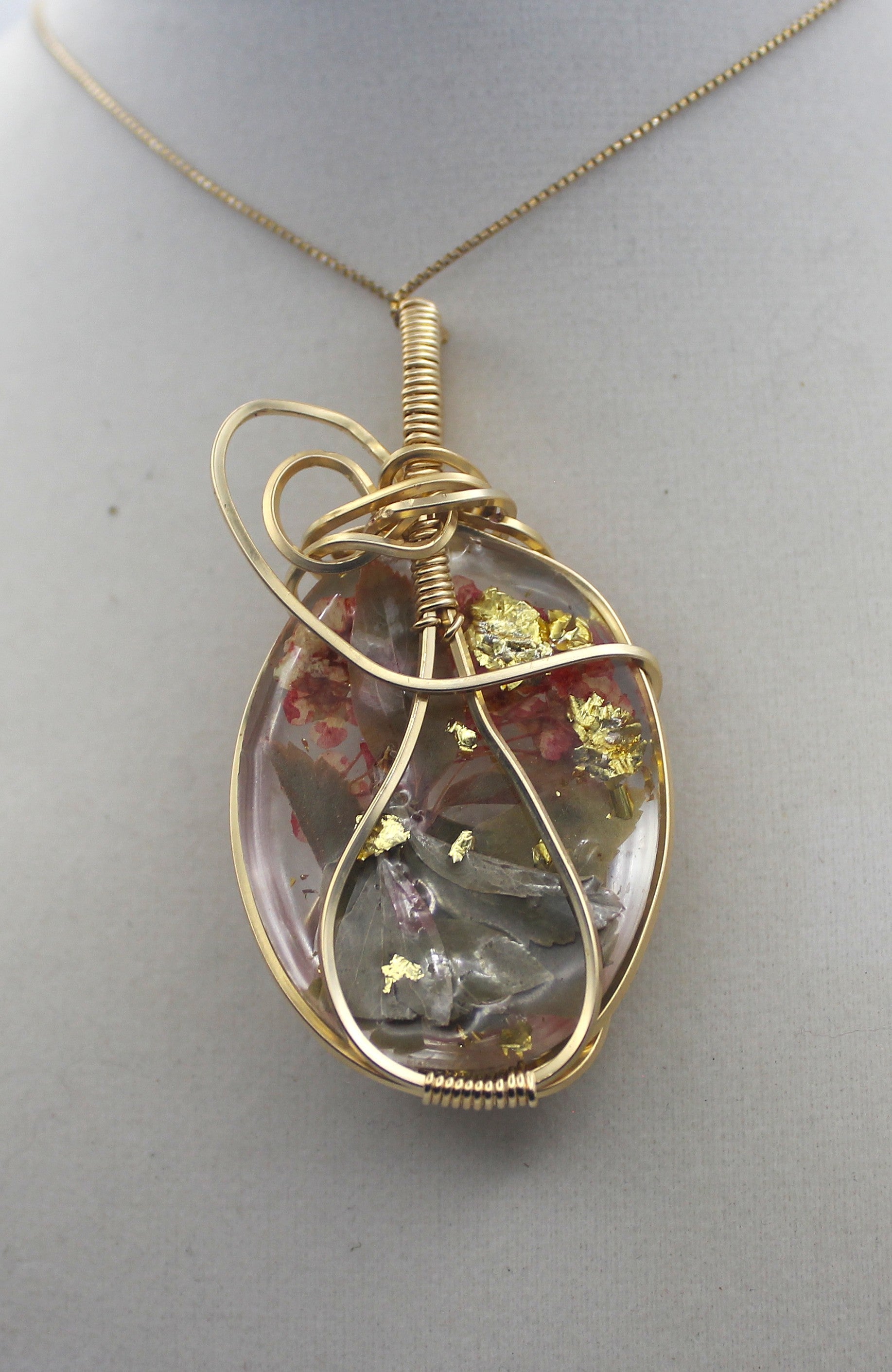 Gold Flower Resin Pendant Necklace – 14k Gold-Filled Wire Wrapped Botanical Jewelry | Necklace | Wiccan Center