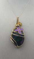 Gold Charmed Malachite Resin Flower Pendant Necklace – 14k Gold-Filled Wire Wrapped with Lavender Flower Accent | | Wiccan Center