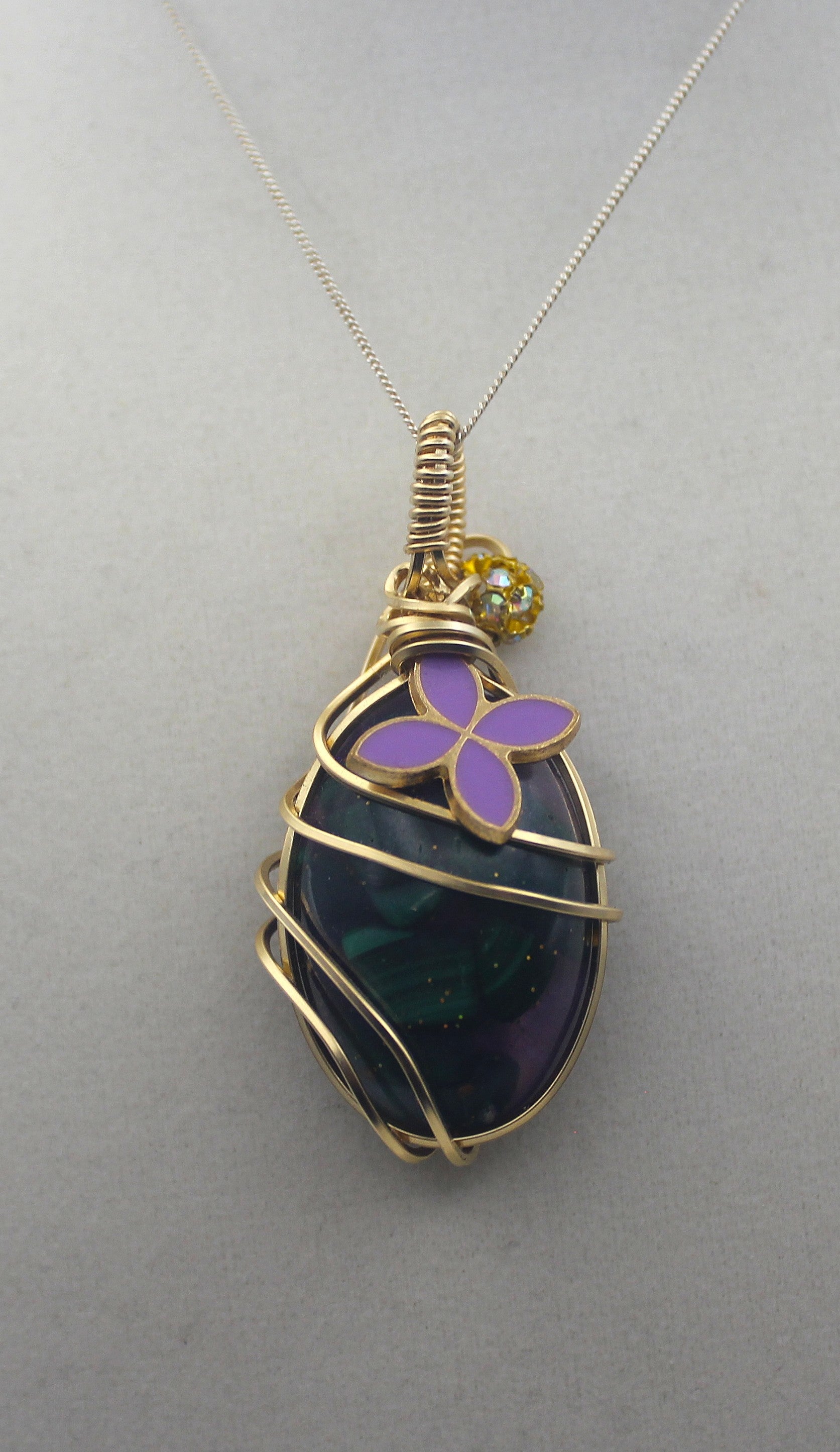 Gold Charmed Malachite Resin Flower Pendant Necklace – 14k Gold-Filled Wire Wrapped with Lavender Flower Accent | | Wiccan Center