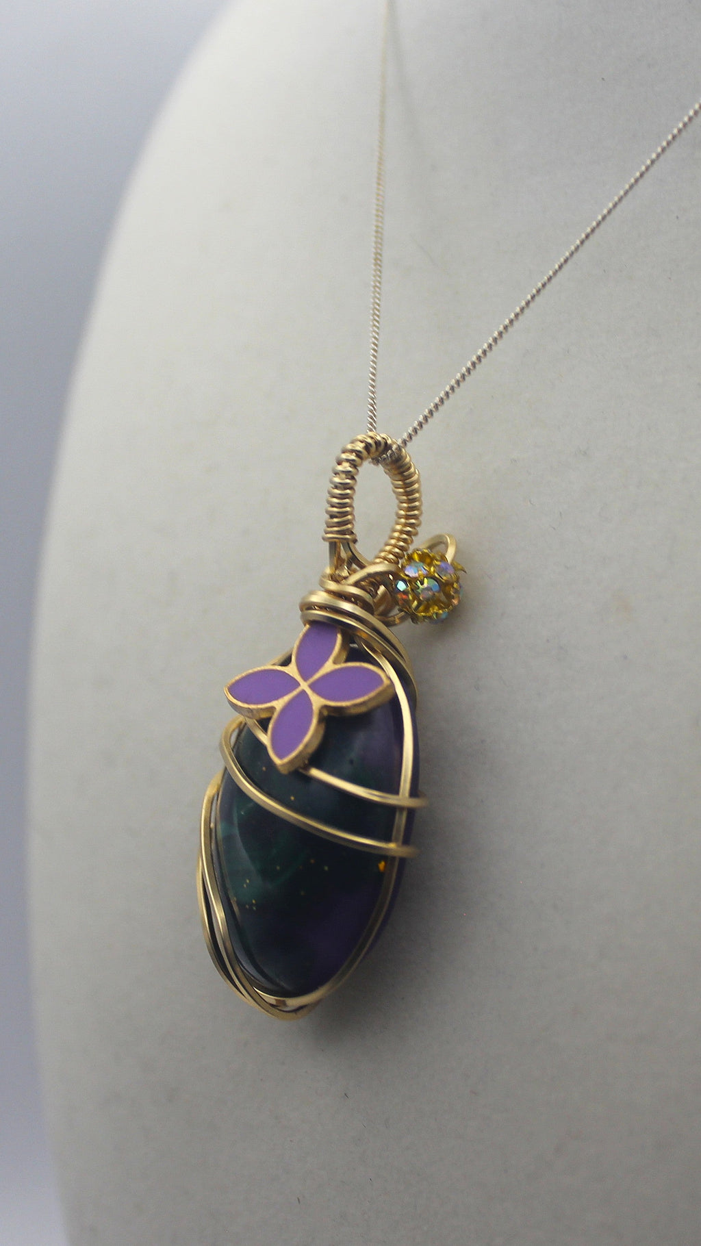 Gold Charmed Malachite Resin Flower Pendant Necklace – 14k Gold-Filled Wire Wrapped with Lavender Flower Accent | | Wiccan Center