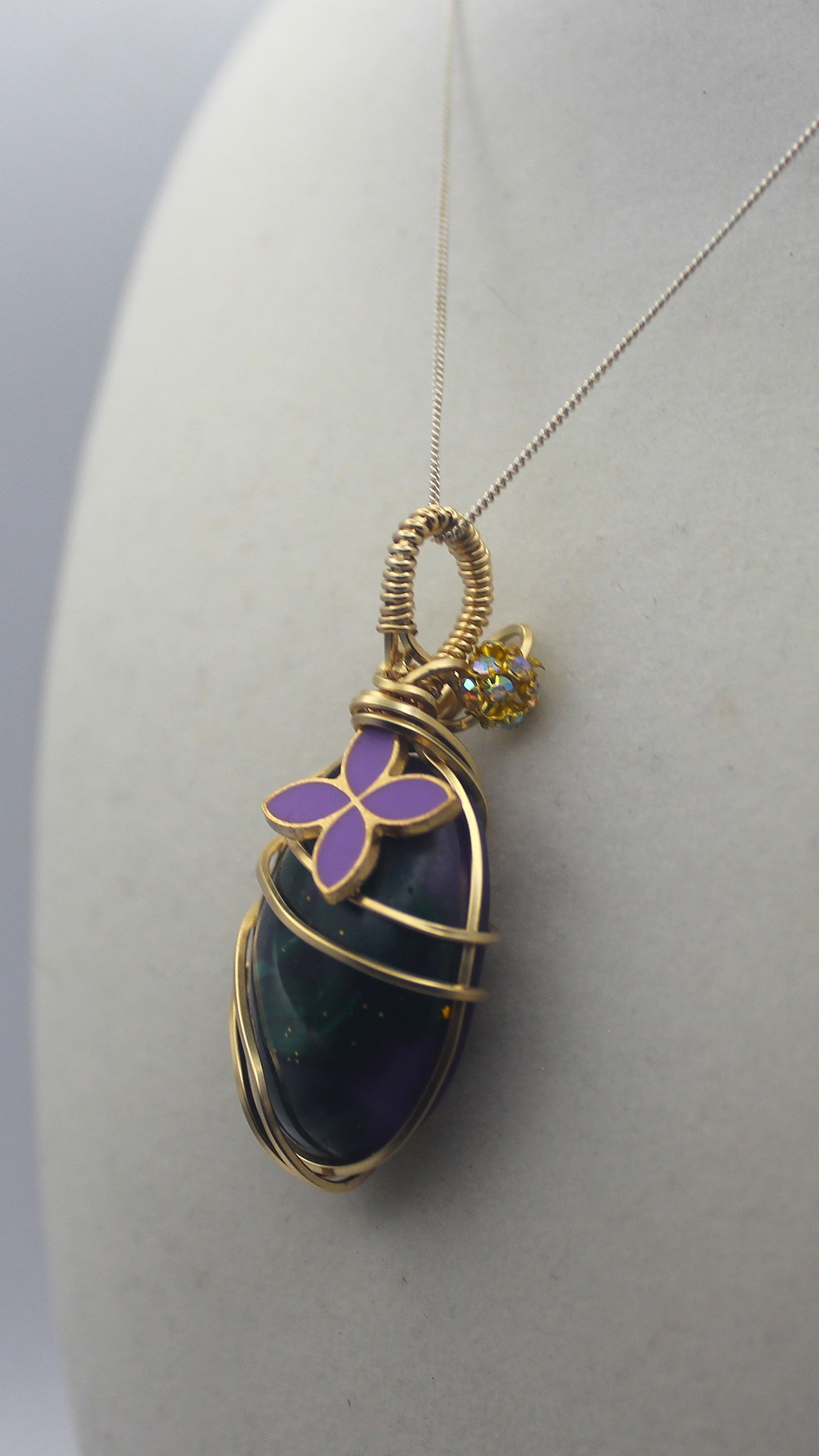 Gold Charmed Malachite Resin Flower Pendant Necklace – 14k Gold-Filled Wire Wrapped with Lavender Flower Accent | | Wiccan Center