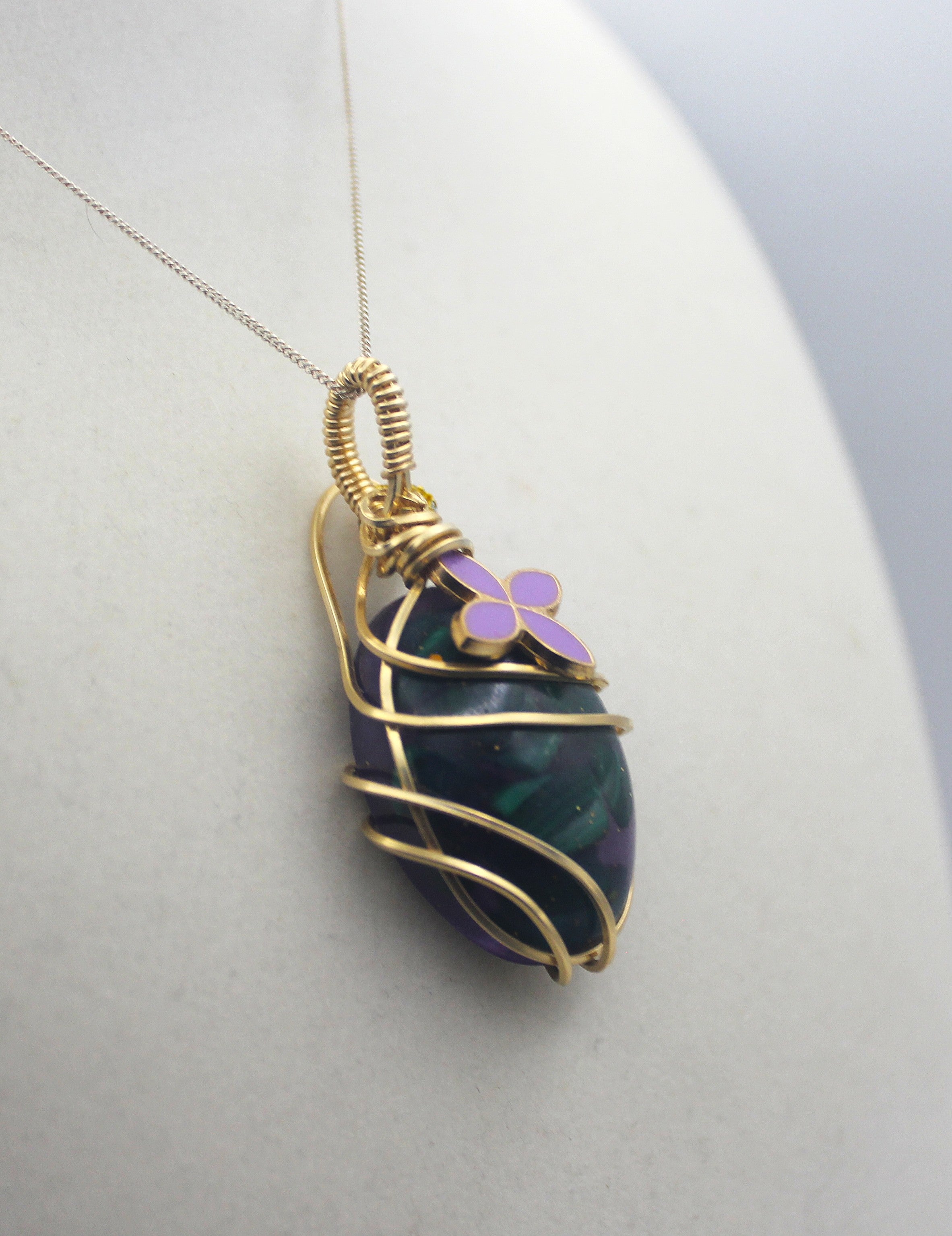 Gold Charmed Malachite Resin Flower Pendant Necklace – 14k Gold-Filled Wire Wrapped with Lavender Flower Accent | | Wiccan Center
