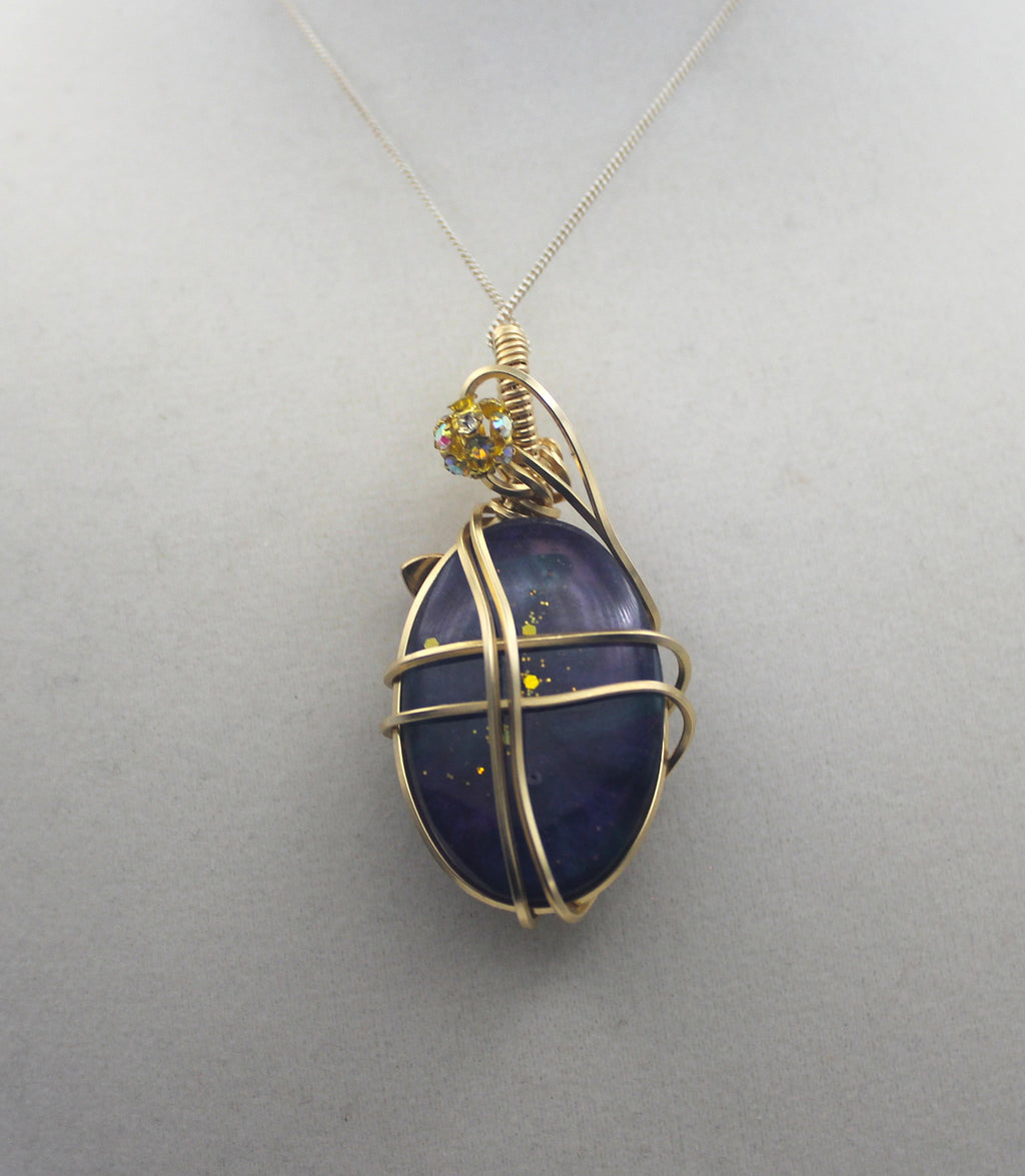 Gold Charmed Malachite Resin Flower Pendant Necklace – 14k Gold-Filled Wire Wrapped with Lavender Flower Accent | | Wiccan Center
