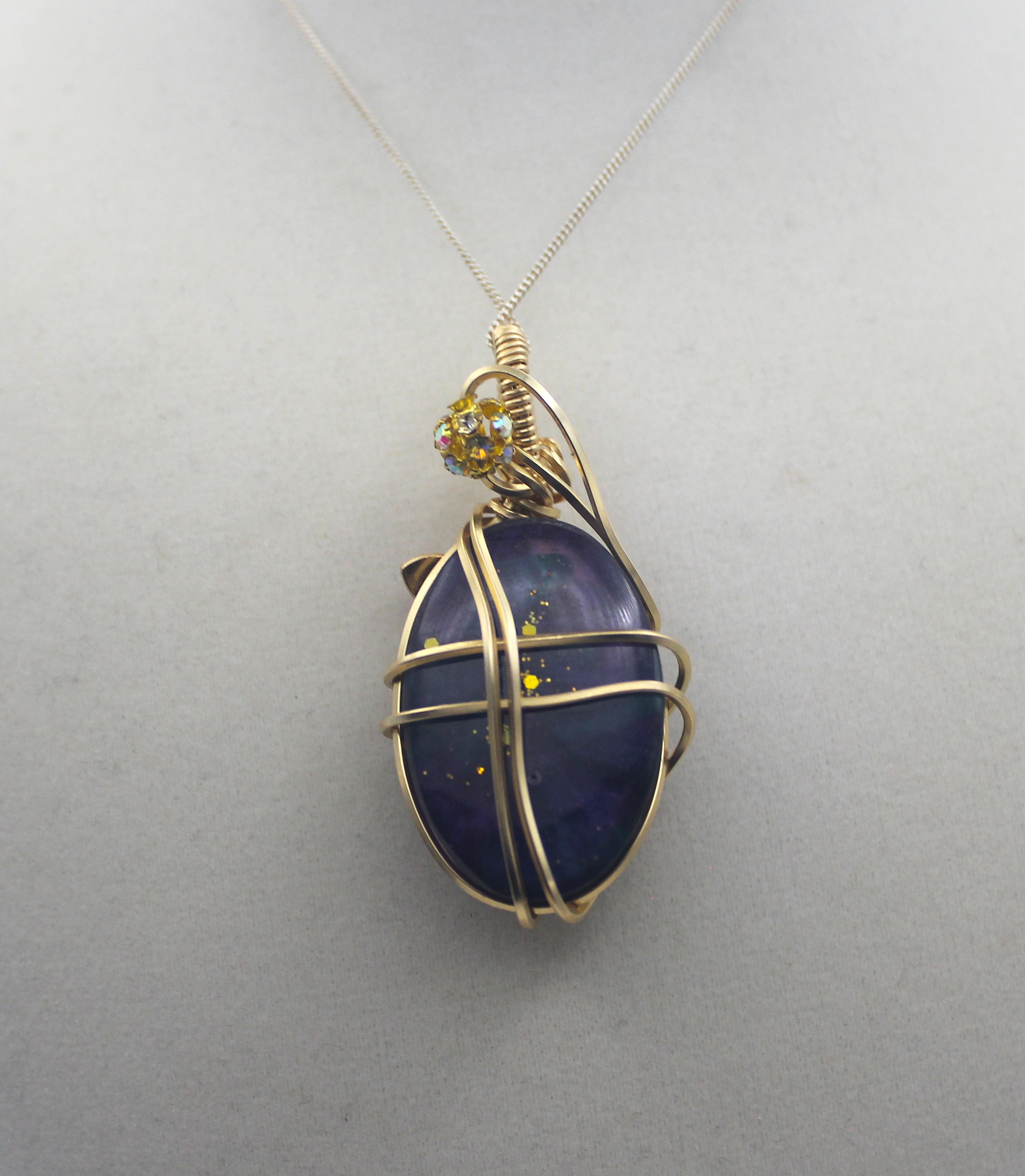 Gold Charmed Malachite Resin Flower Pendant Necklace – 14k Gold-Filled Wire Wrapped with Lavender Flower Accent | | Wiccan Center