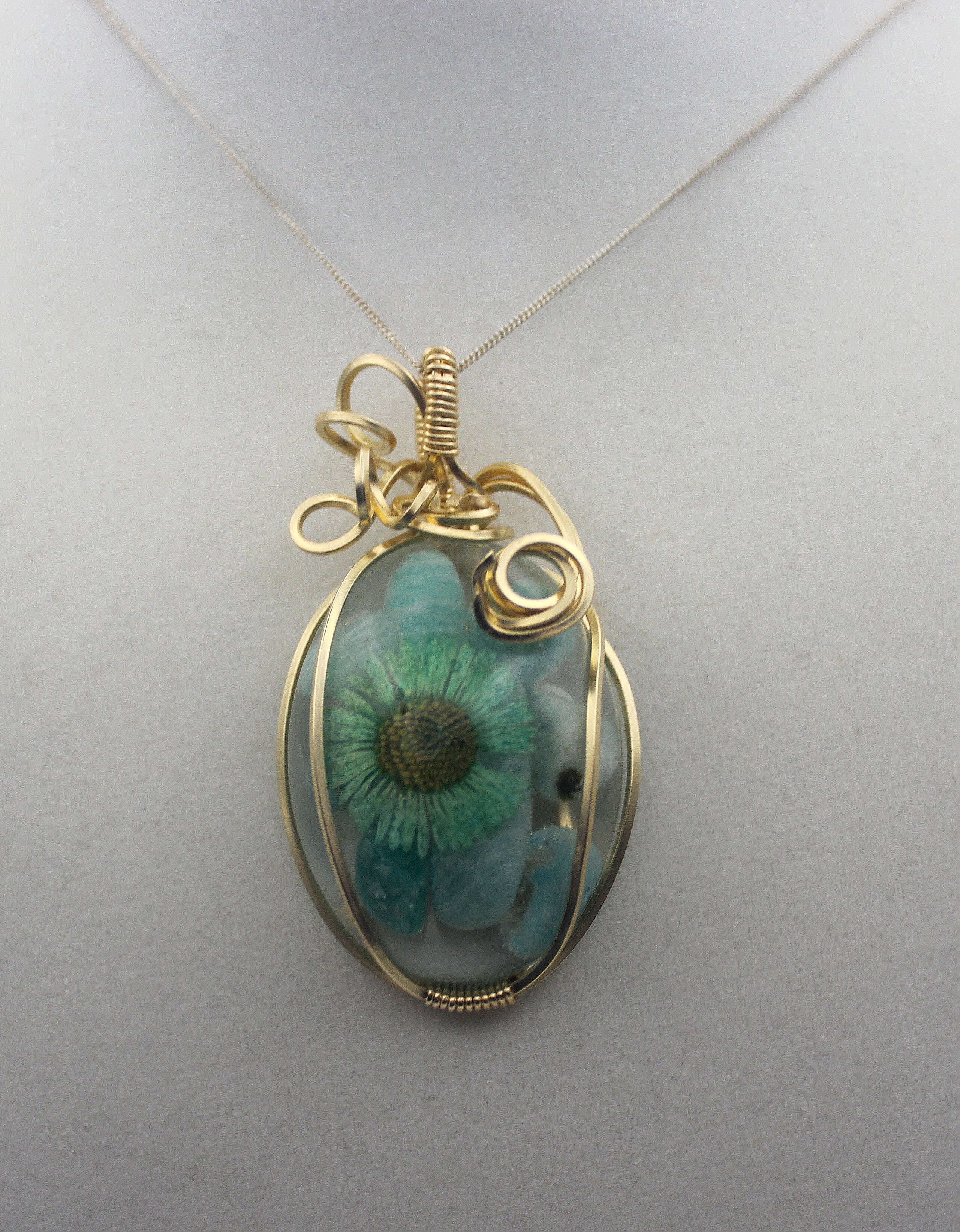 Gold Resin Amazonite Dried Flower Pendant Necklace – 14k Gold-Filled Wire Wrapped Botanical Jewelry | Necklace | Wiccan Center