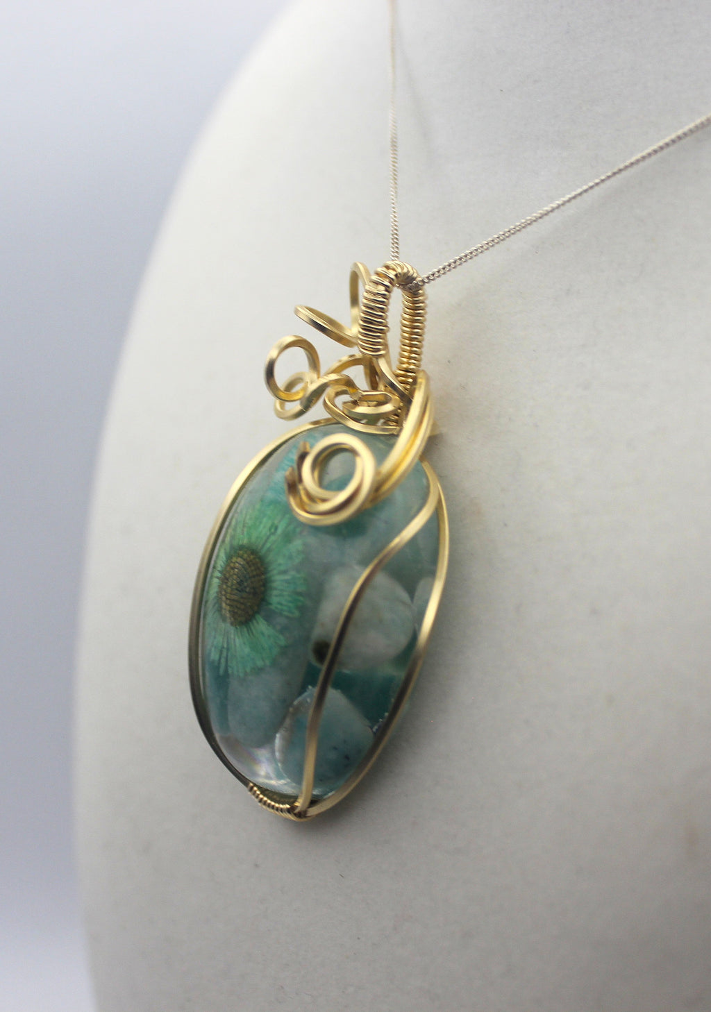 Gold Resin Amazonite Dried Flower Pendant Necklace – 14k Gold-Filled Wire Wrapped Botanical Jewelry | Necklace | Wiccan Center