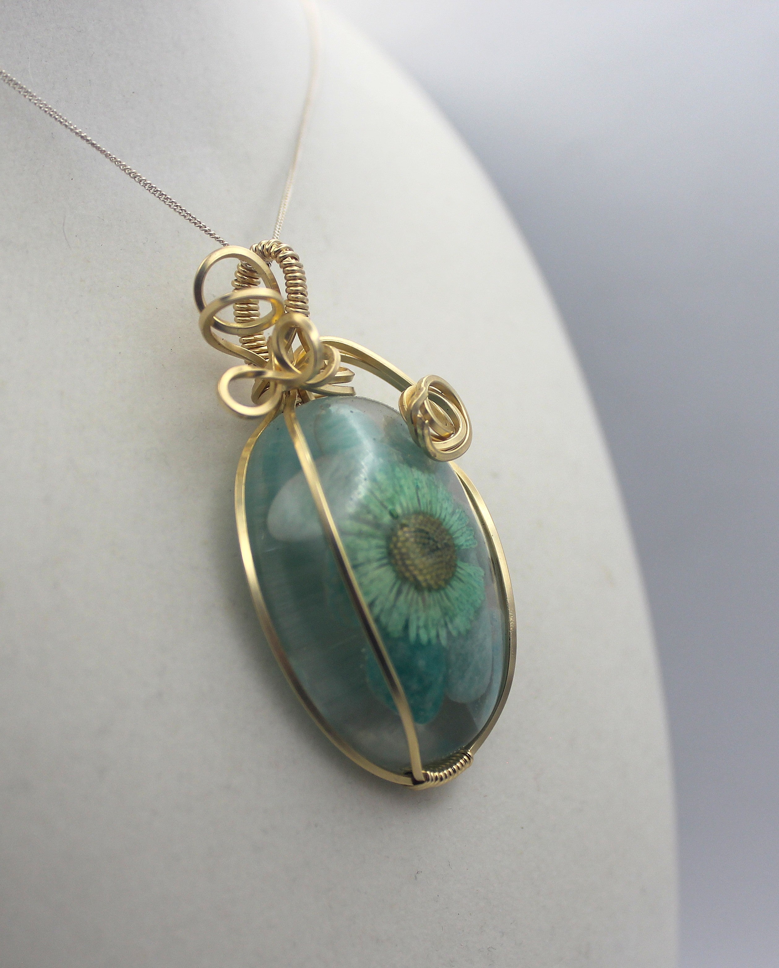 Gold Resin Amazonite Dried Flower Pendant Necklace – 14k Gold-Filled Wire Wrapped Botanical Jewelry | Necklace | Wiccan Center