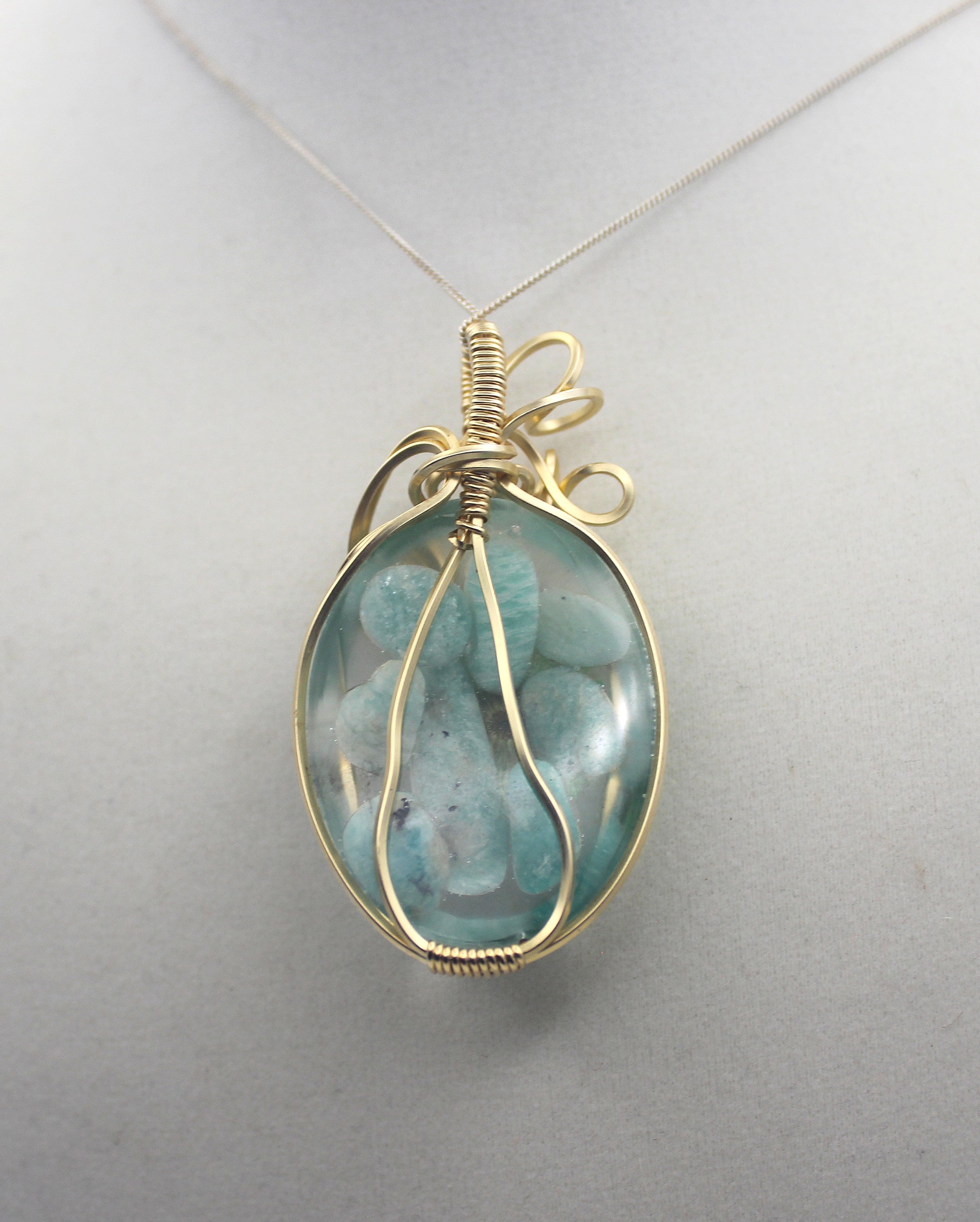 Gold Resin Amazonite Dried Flower Pendant Necklace – 14k Gold-Filled Wire Wrapped Botanical Jewelry | Necklace | Wiccan Center