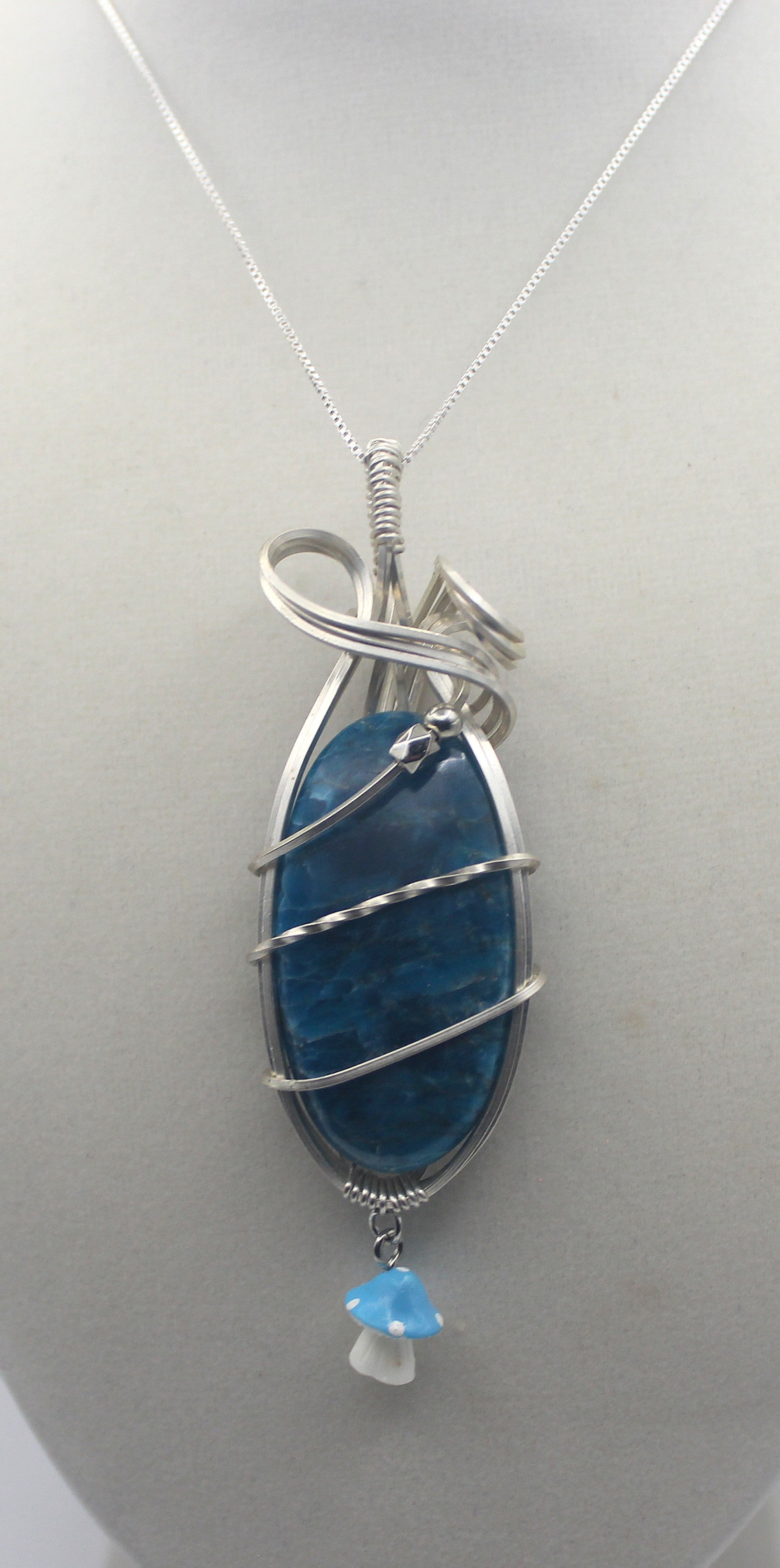 Silver Argentium Blue Apatite Mushroom Pendant Necklace – Carved Crystal, Clarity & Motivation | Necklace | Wiccan Center
