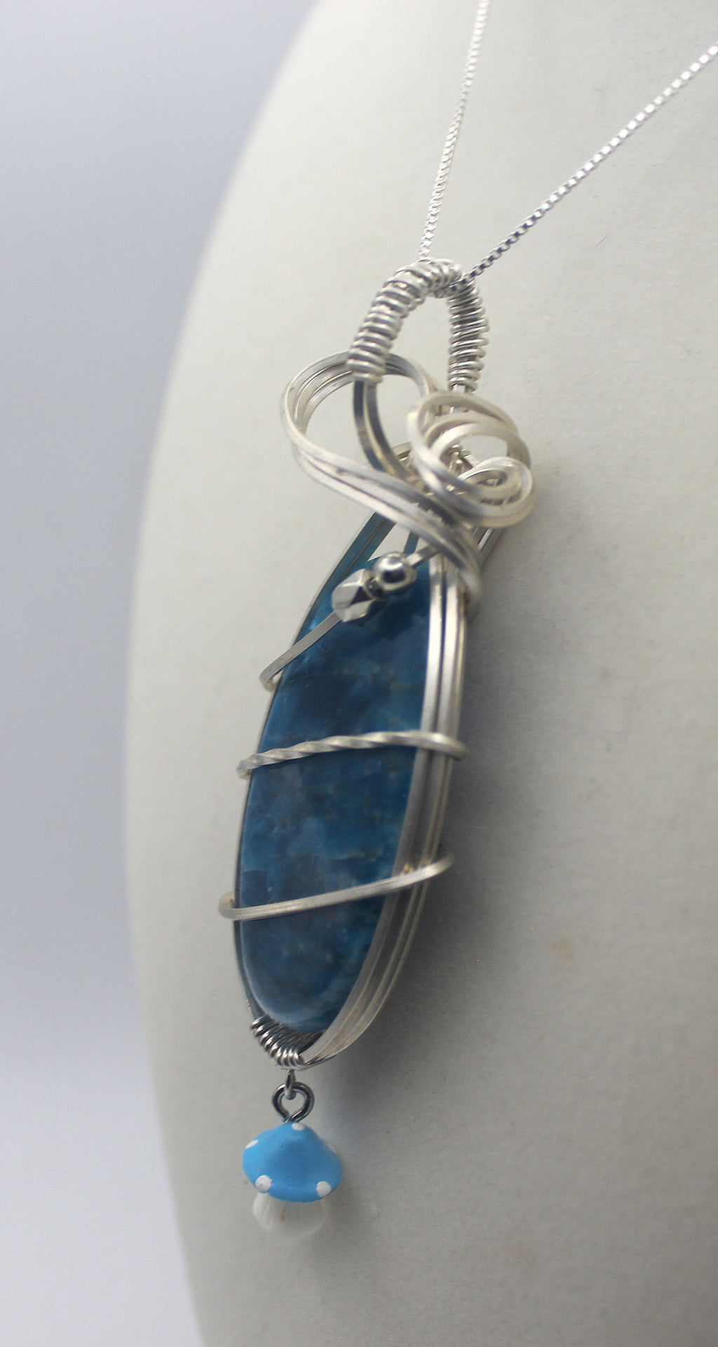 Silver Argentium Blue Apatite Mushroom Pendant Necklace – Carved Crystal, Clarity & Motivation | Necklace | Wiccan Center