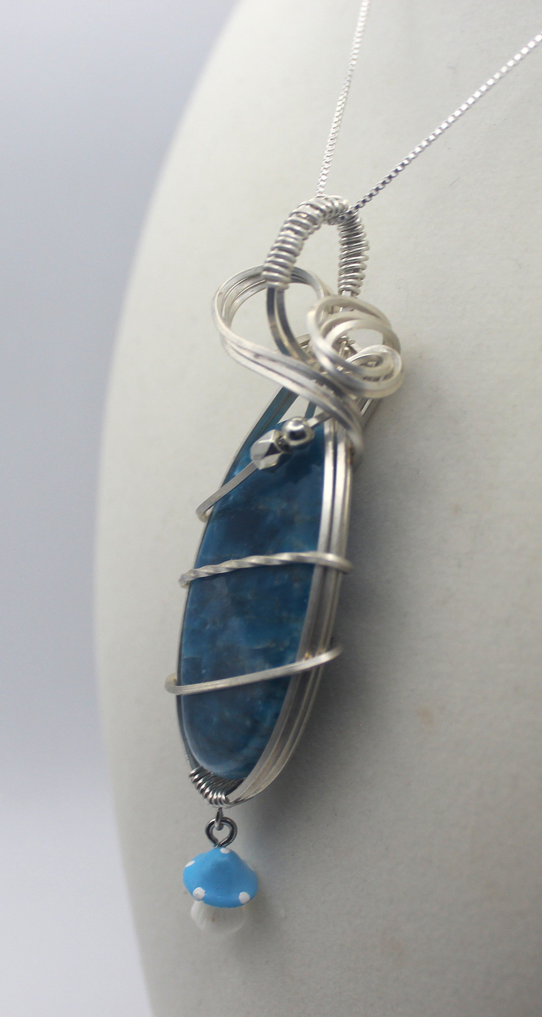 Silver Argentium Blue Apatite Mushroom Pendant Necklace – Carved Crystal, Clarity & Motivation | Necklace | Wiccan Center