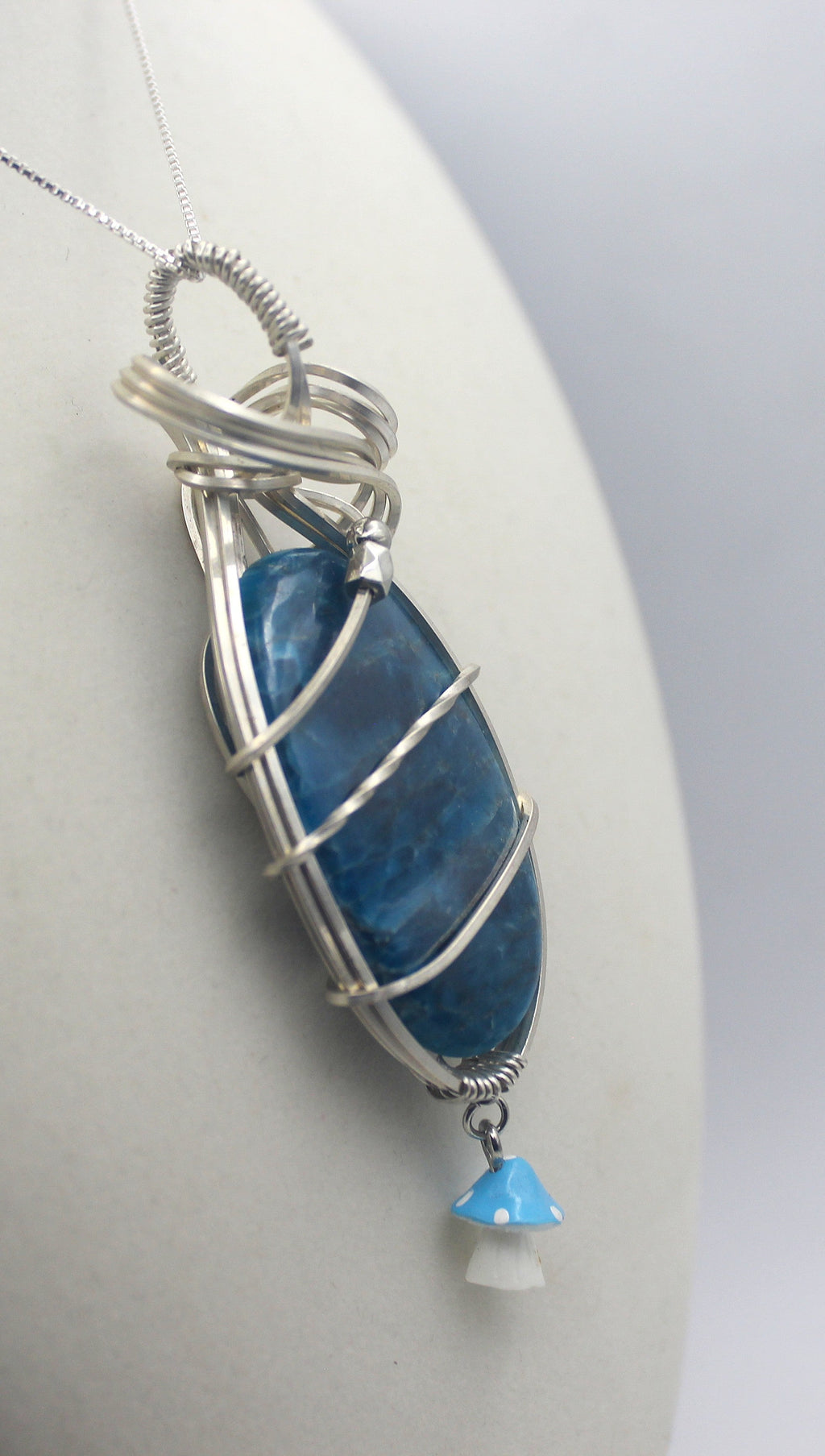 Silver Argentium Blue Apatite Mushroom Pendant Necklace – Carved Crystal, Clarity & Motivation | Necklace | Wiccan Center