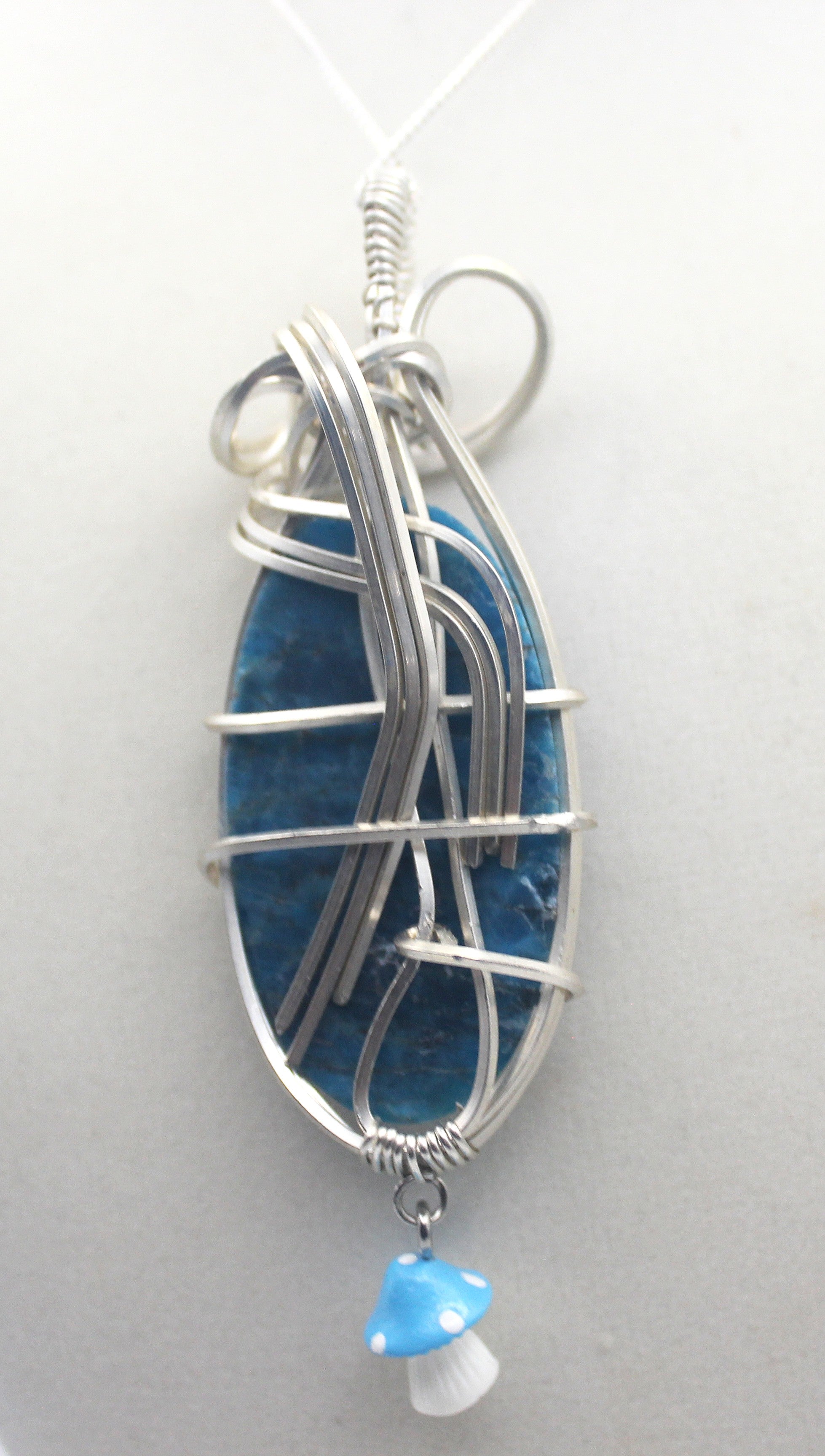 Silver Argentium Blue Apatite Mushroom Pendant Necklace – Carved Crystal, Clarity & Motivation | Necklace | Wiccan Center