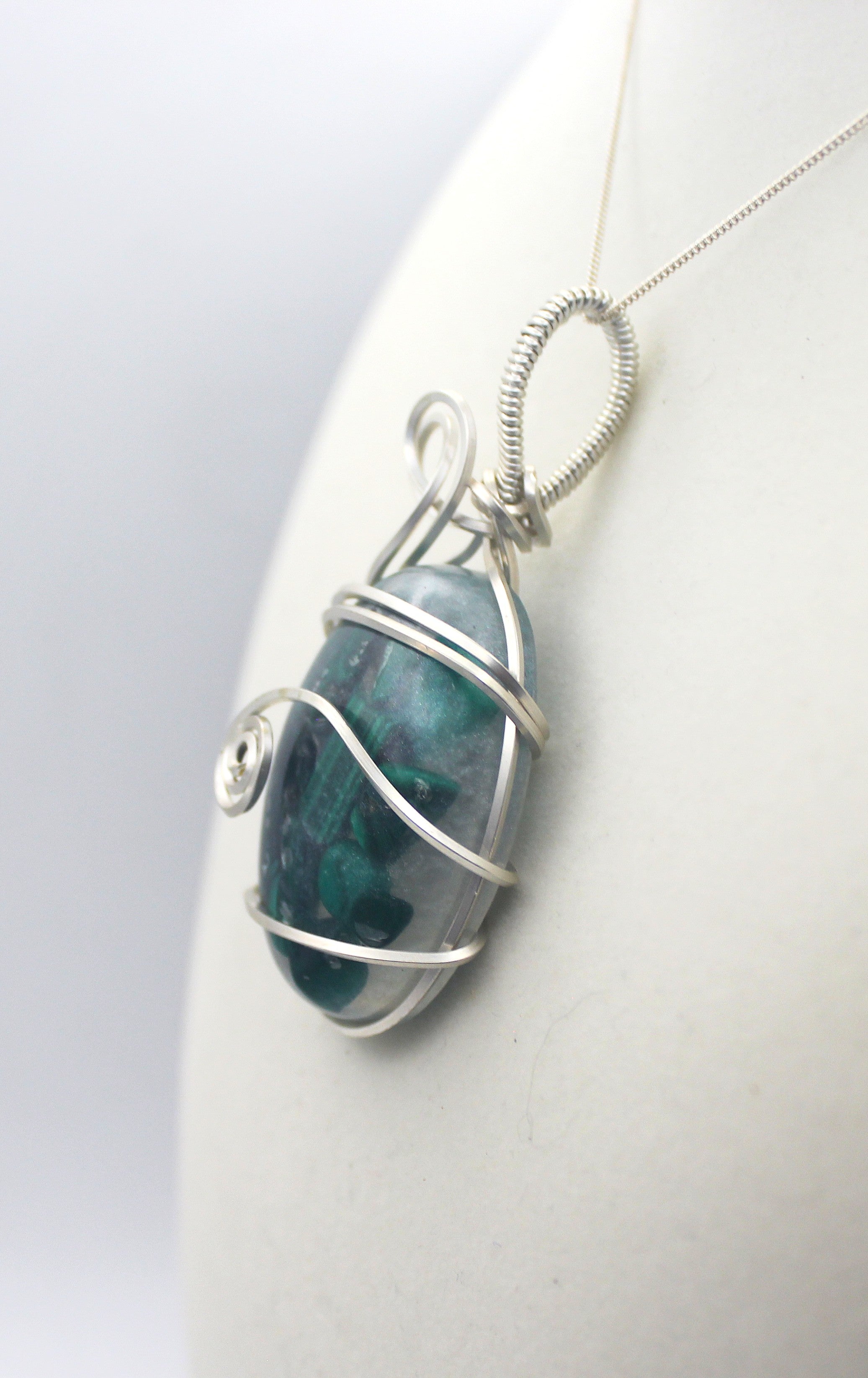 Silver Argentium Resin Malachite Pendant Necklace | | Wiccan Center