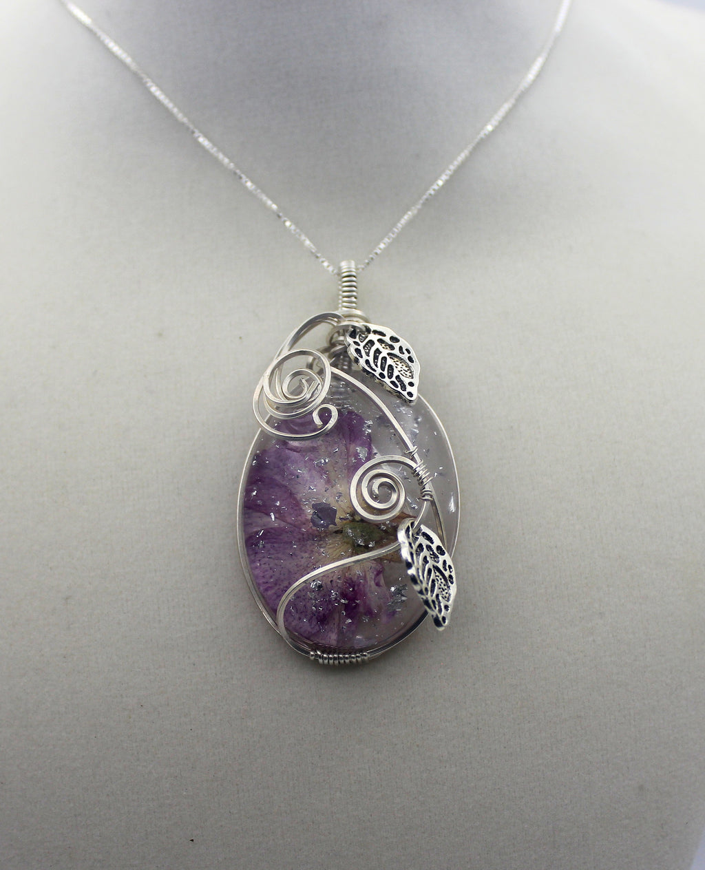 Silver Argentium Charmed Resin Purple Dried Flower Pendant Necklace | | Wiccan Center