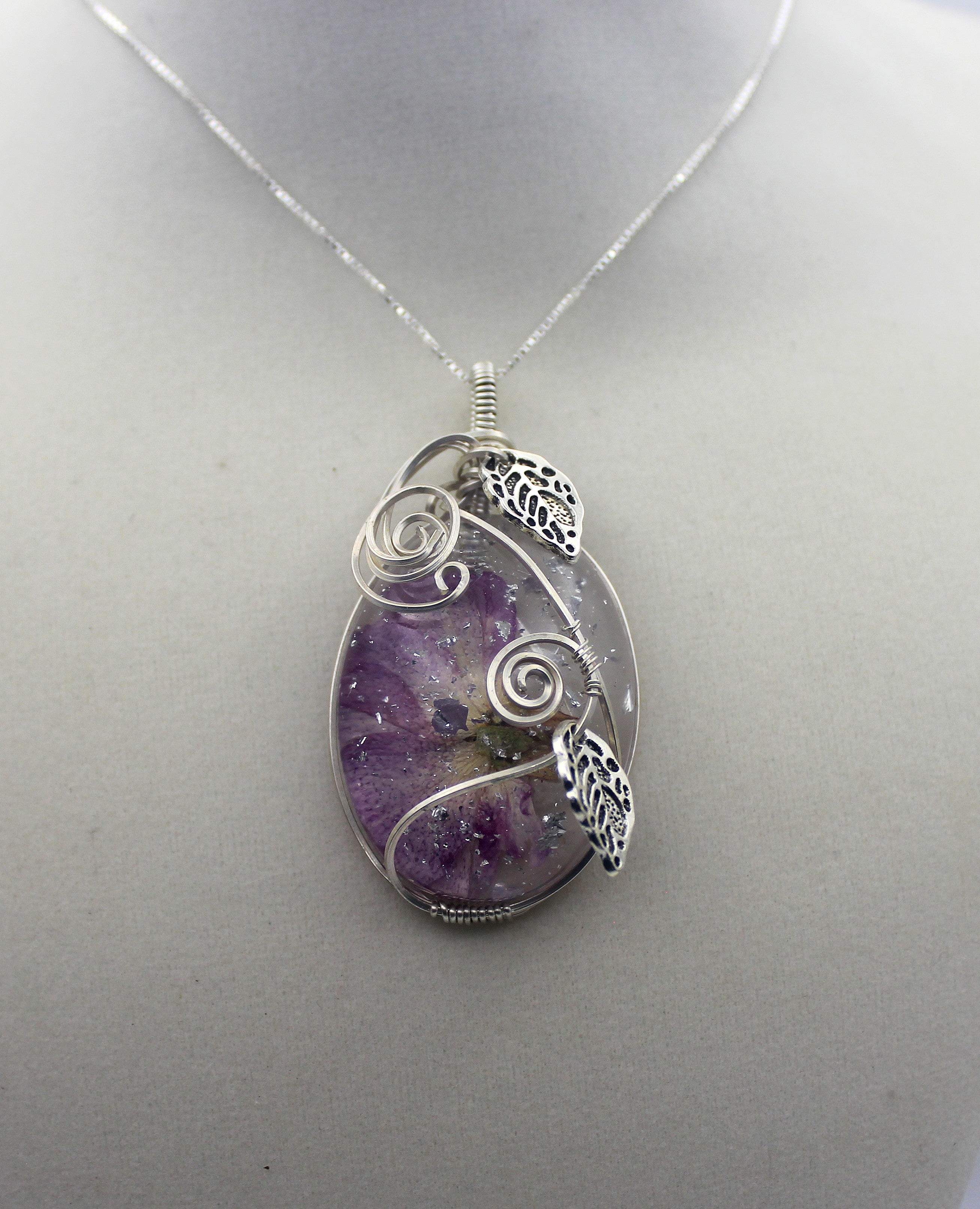 Silver Argentium Charmed Resin Purple Dried Flower Pendant Necklace | | Wiccan Center