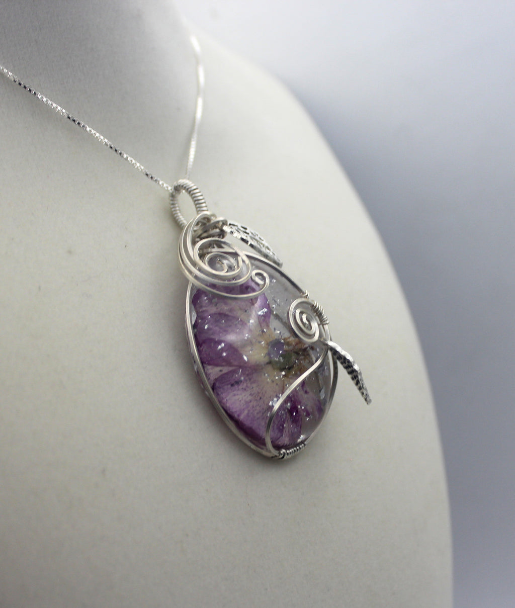 Silver Argentium Charmed Resin Purple Dried Flower Pendant Necklace | | Wiccan Center