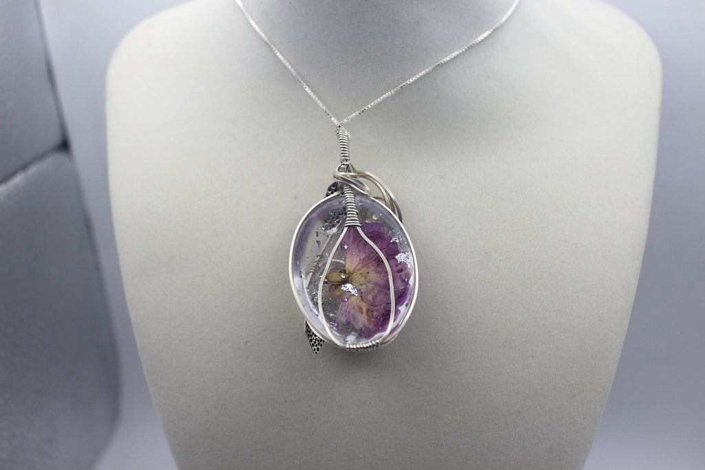 Silver Argentium Charmed Resin Purple Dried Flower Pendant Necklace | | Wiccan Center